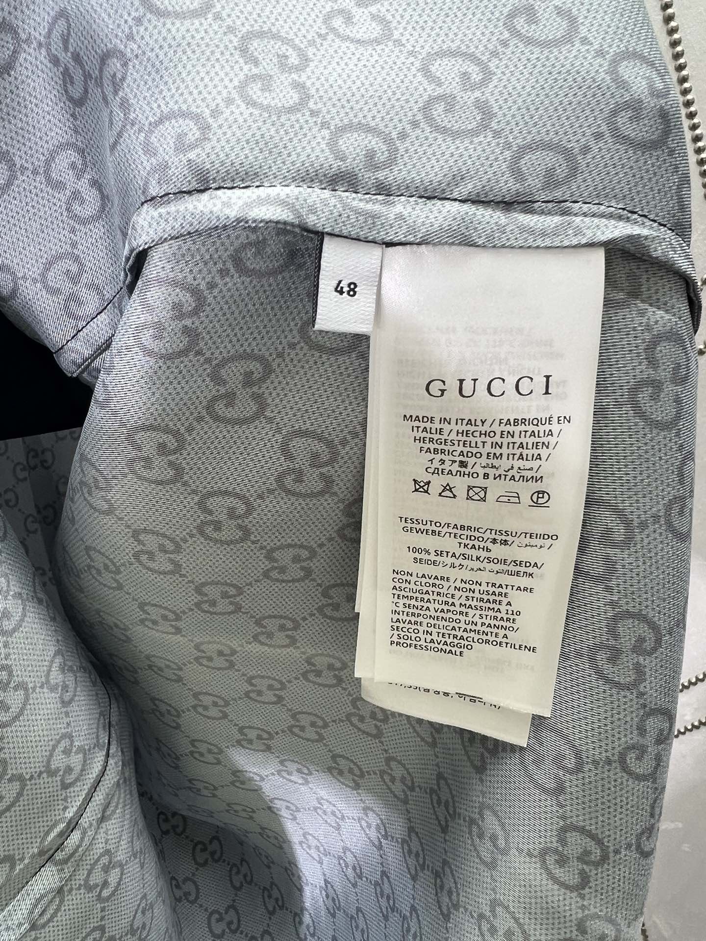 GUCCI Printed silk twill bowling shirt in grey and black（794907-Z7ARD-1016）