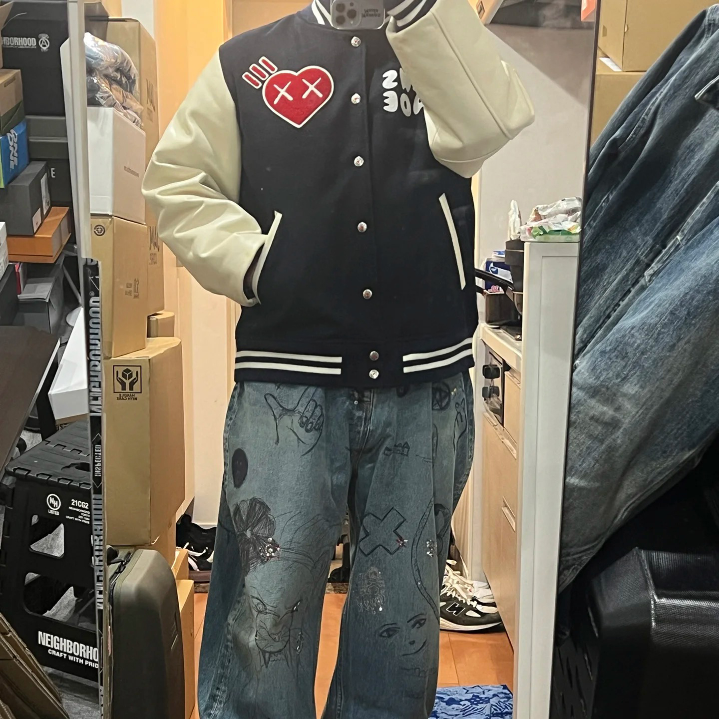 Human Made x KAWS patchwork leather sleeve baseball jacket Human Made x KAWS patchwork leather sleeve baseball jacket