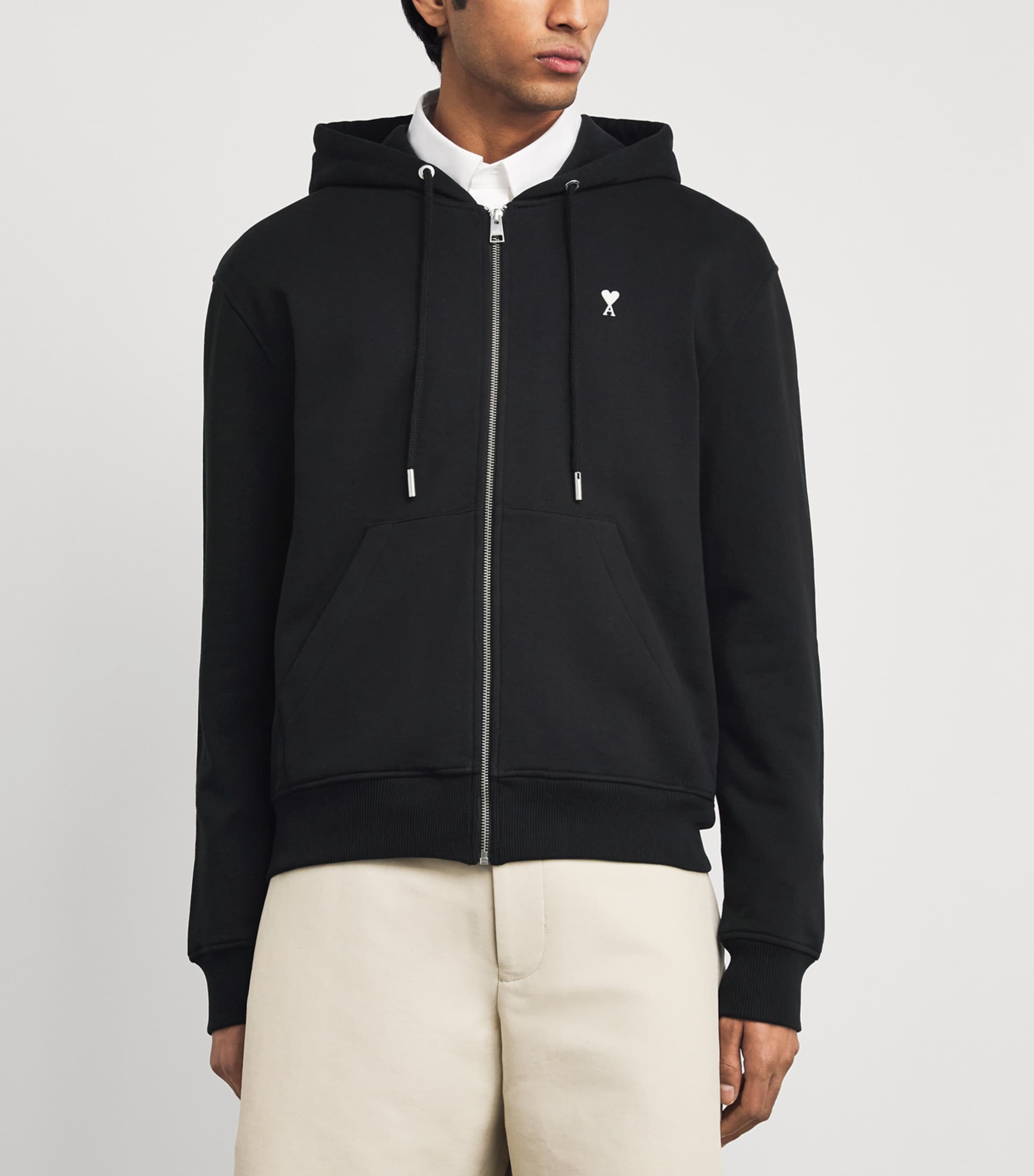 AMI Paris Black Cotton Ami De Coeur Zip-Up Hoodie ...