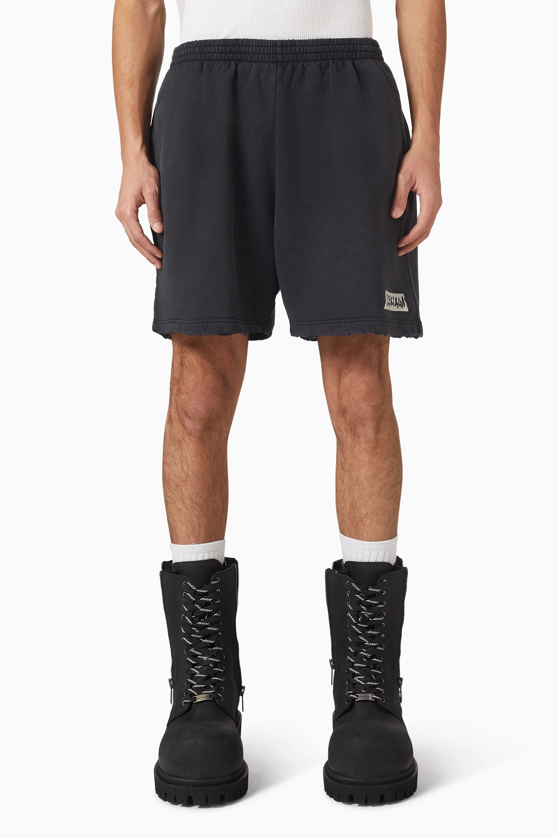Buy Balenciaga Black Masking Tape Shorts in Dry Fleece For ...
