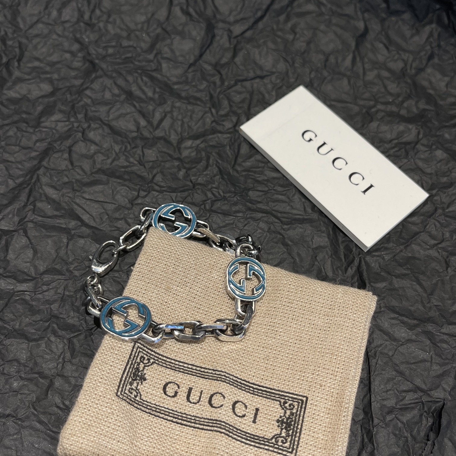 GUCCI｜グッチエナメル インターロッキングG ブレスレット シルバー×グリーン系 （656787-J8410-8183）