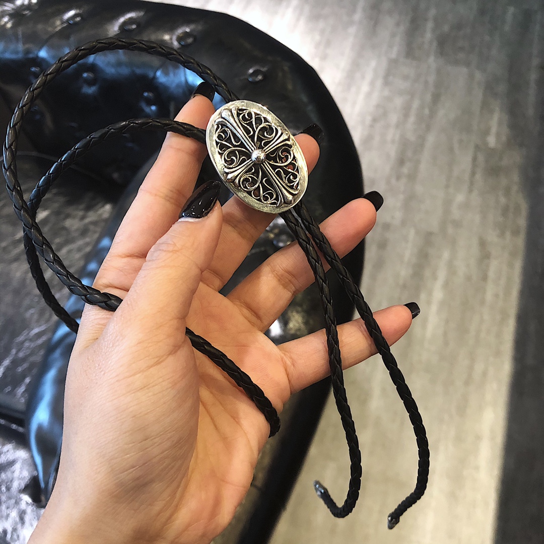 CHROME HEARTS クロムハーツ スターリングシルバークロスアラベスクレザーネックレス（CHROME HEARTS 098）