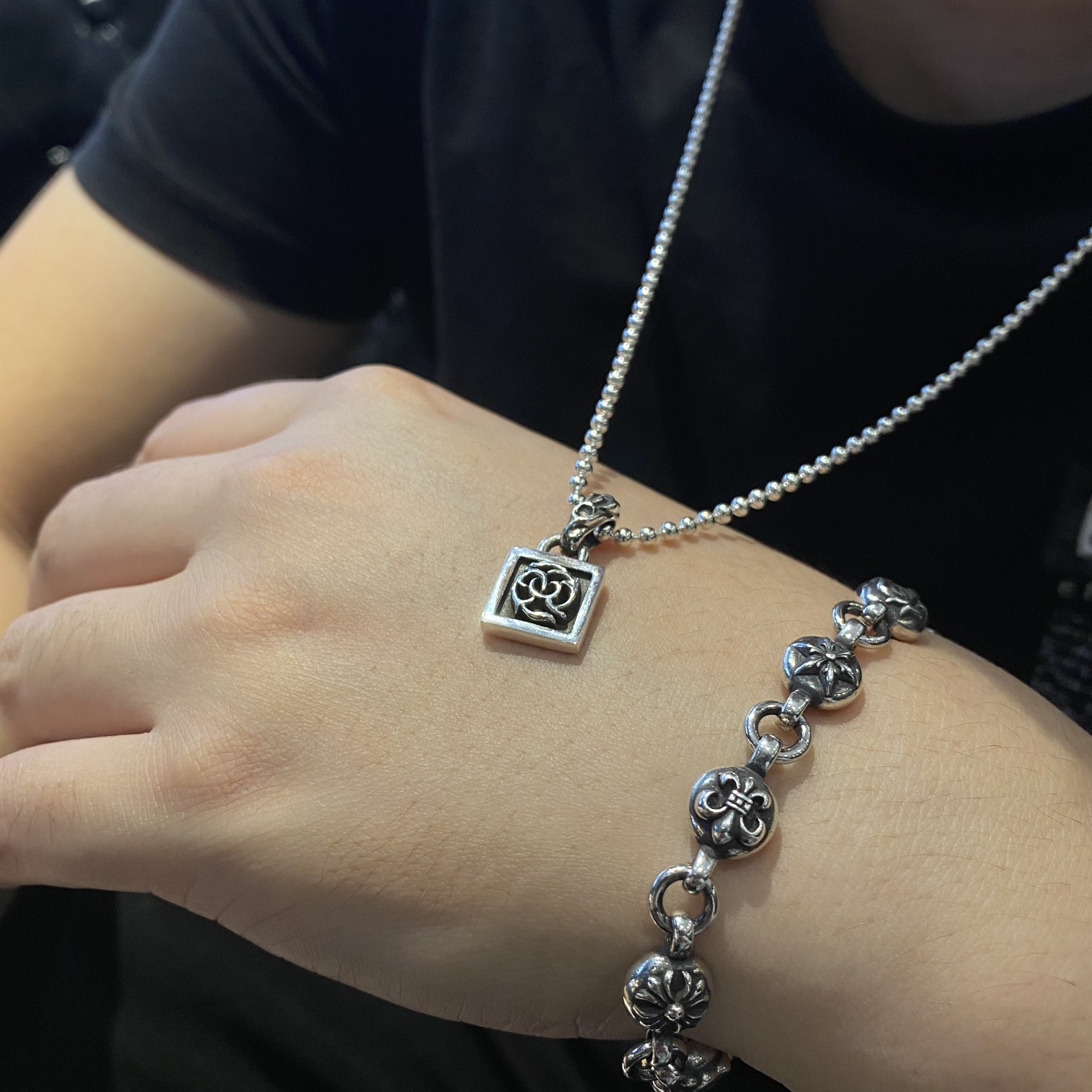 CHROME HEARTS クロムハーツ つるスモールスクエアネックレス-ボールチェーン/パールチェーン（CHROME HEARTS 101）