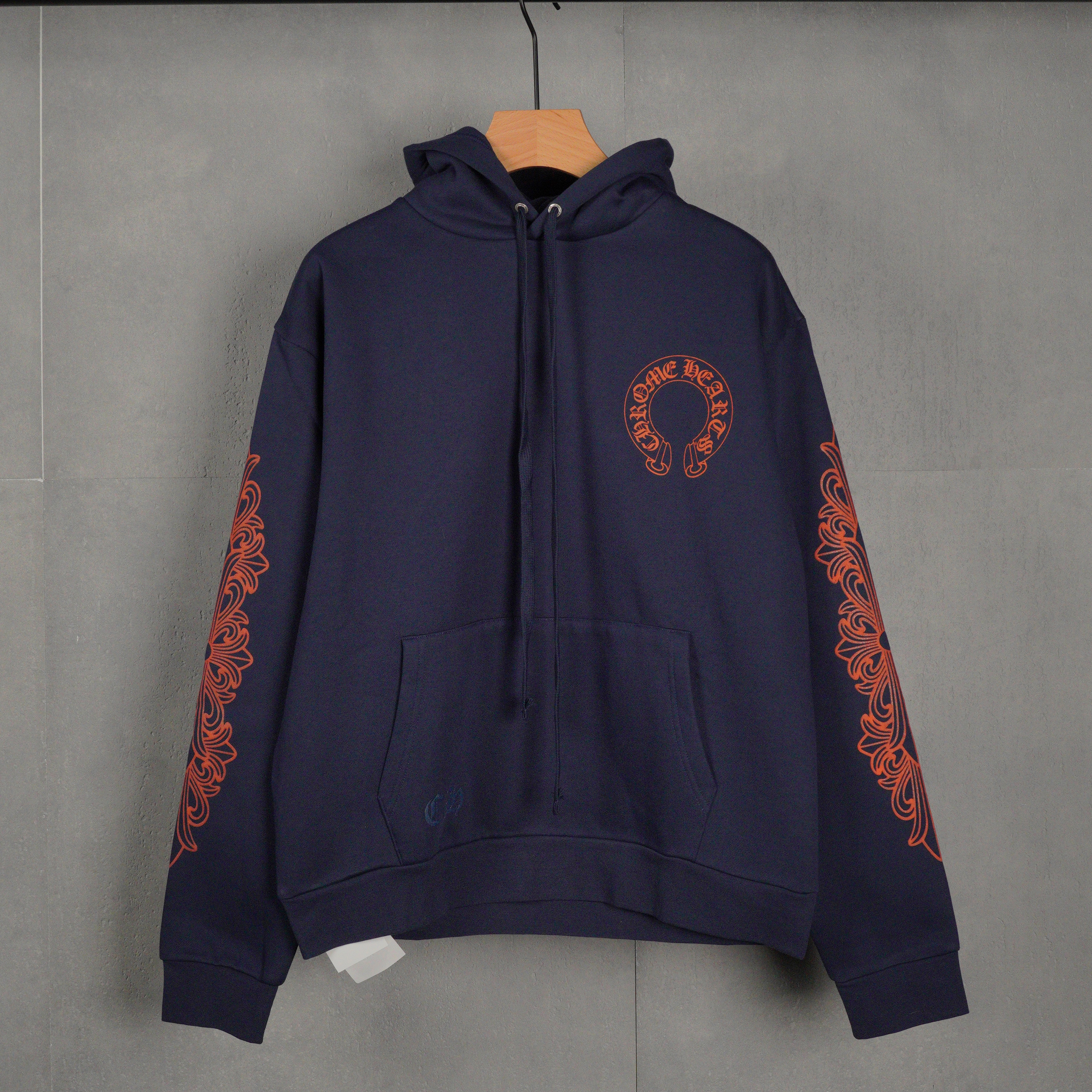 Chrome Hearts Navy&Red Horseshoe Floral Sleeve Pullover Hoodie (CH-T200923）