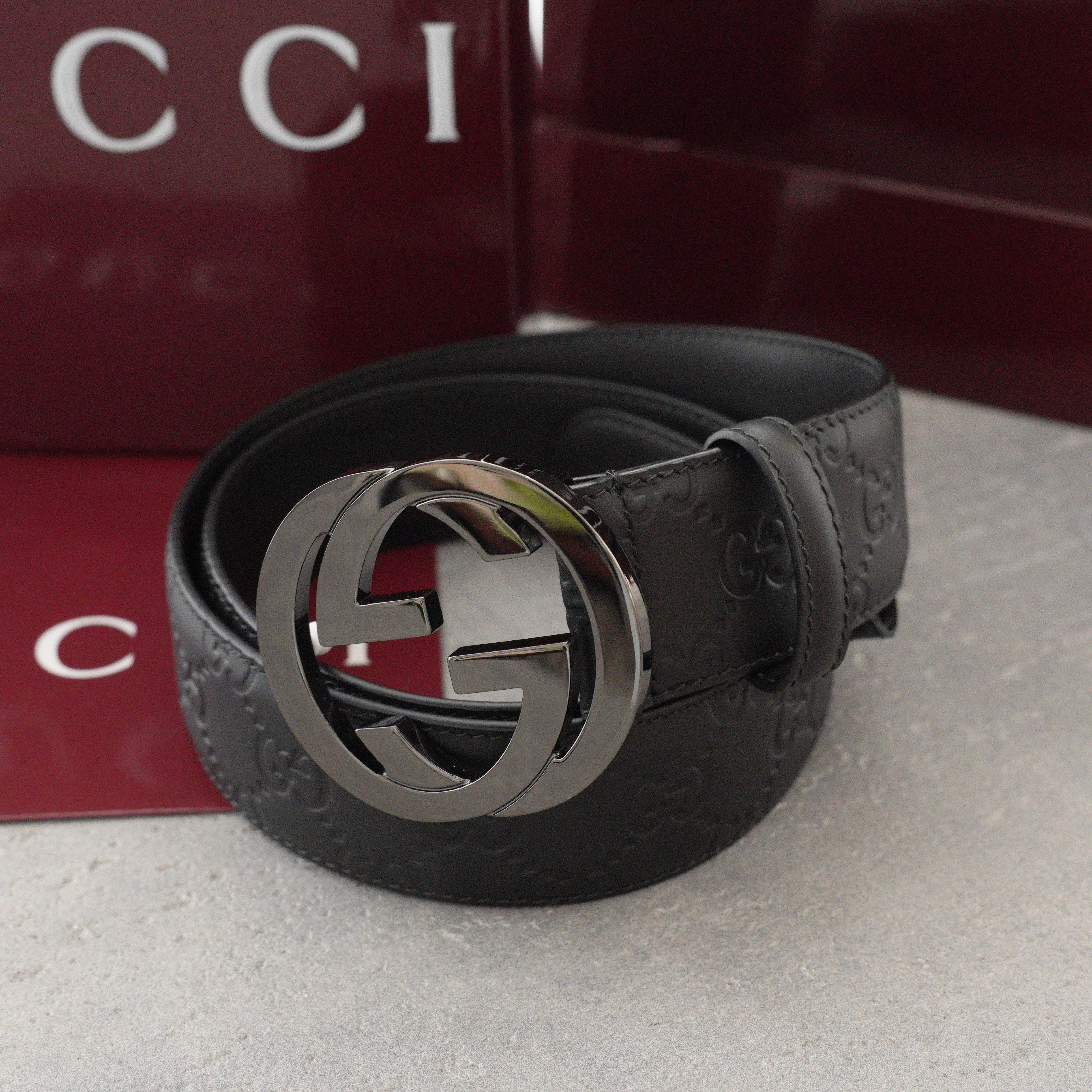 Gucci Leather Signature Belt -3.8cm （370543-CWC1G-1000）