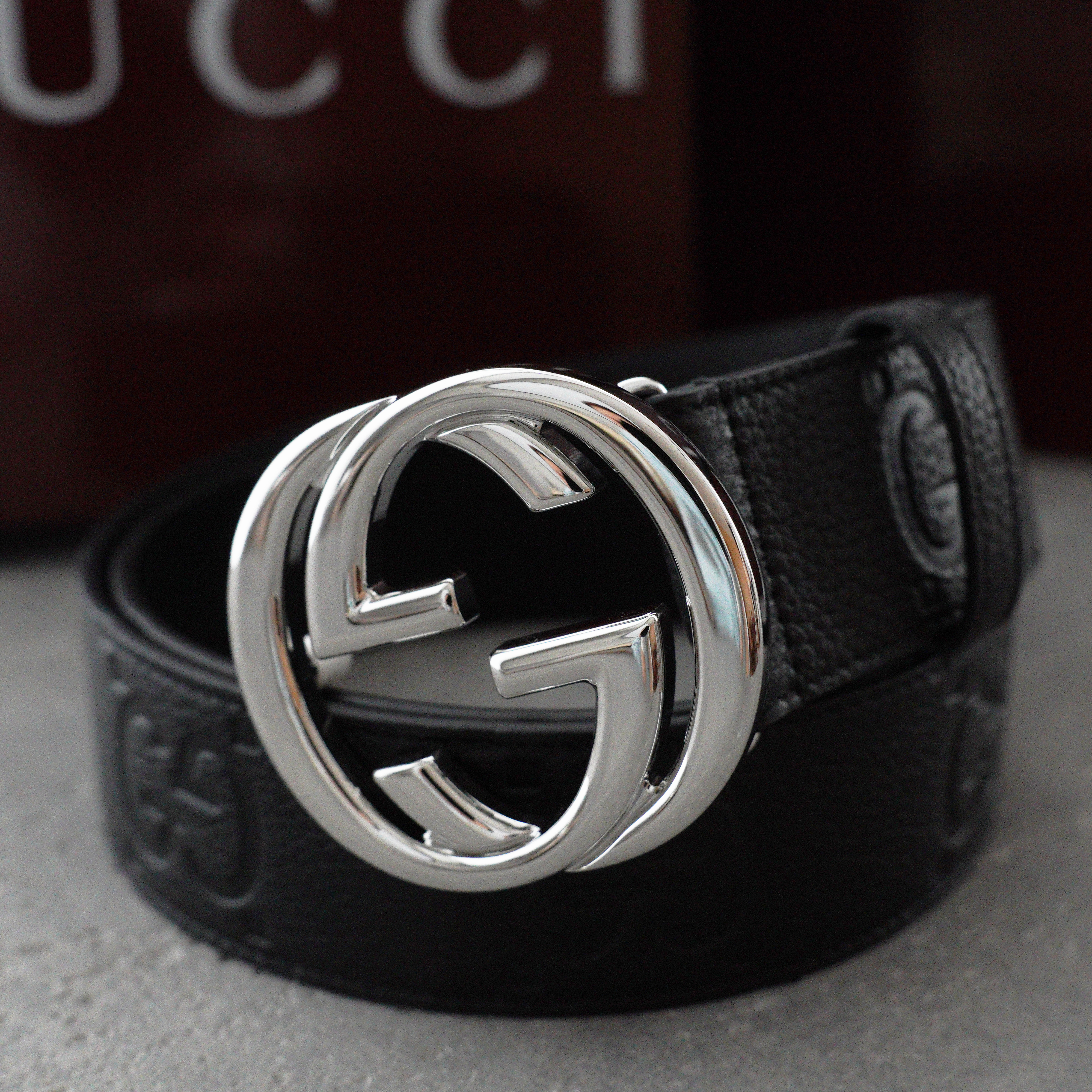 Gucci Leather Signature Belt -3.8cm （370543-CWC1G-1000）