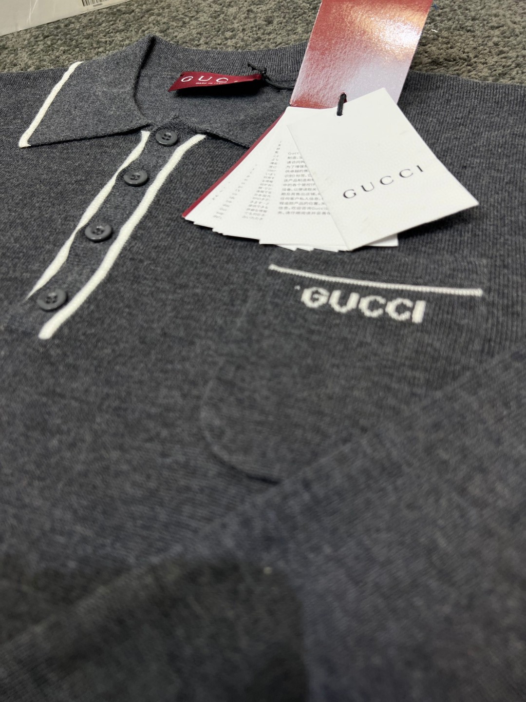 GUCCI Wool knit long sleeve polo shirt, grey（802173-XKEBR-1087）