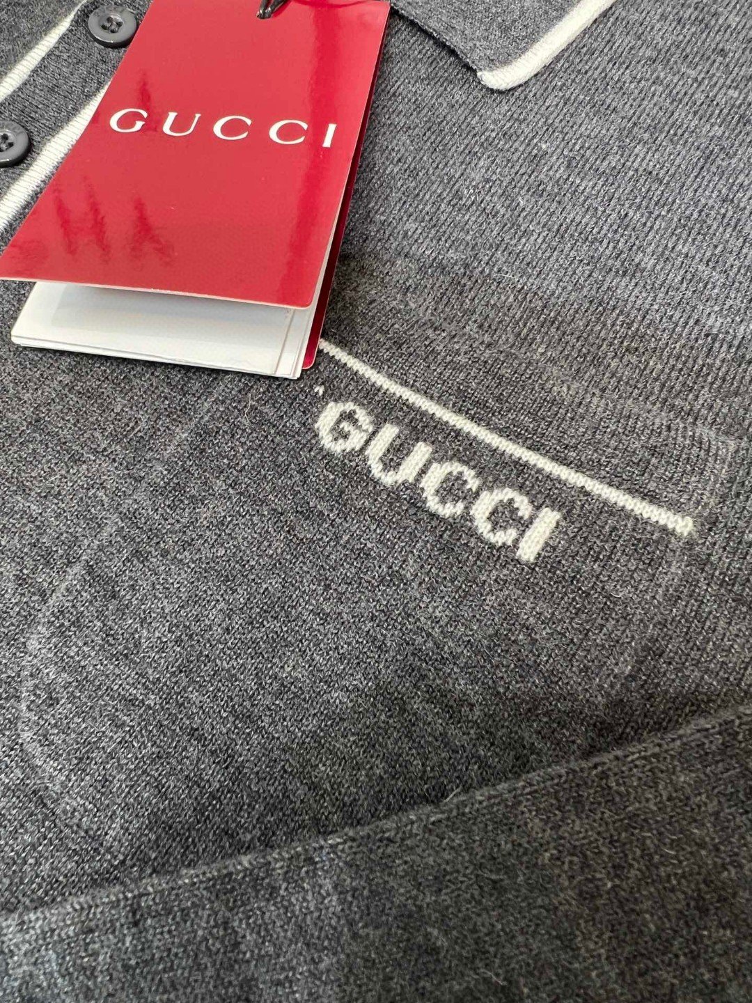GUCCI Wool knit long sleeve polo shirt, grey（802173-XKEBR-1087）