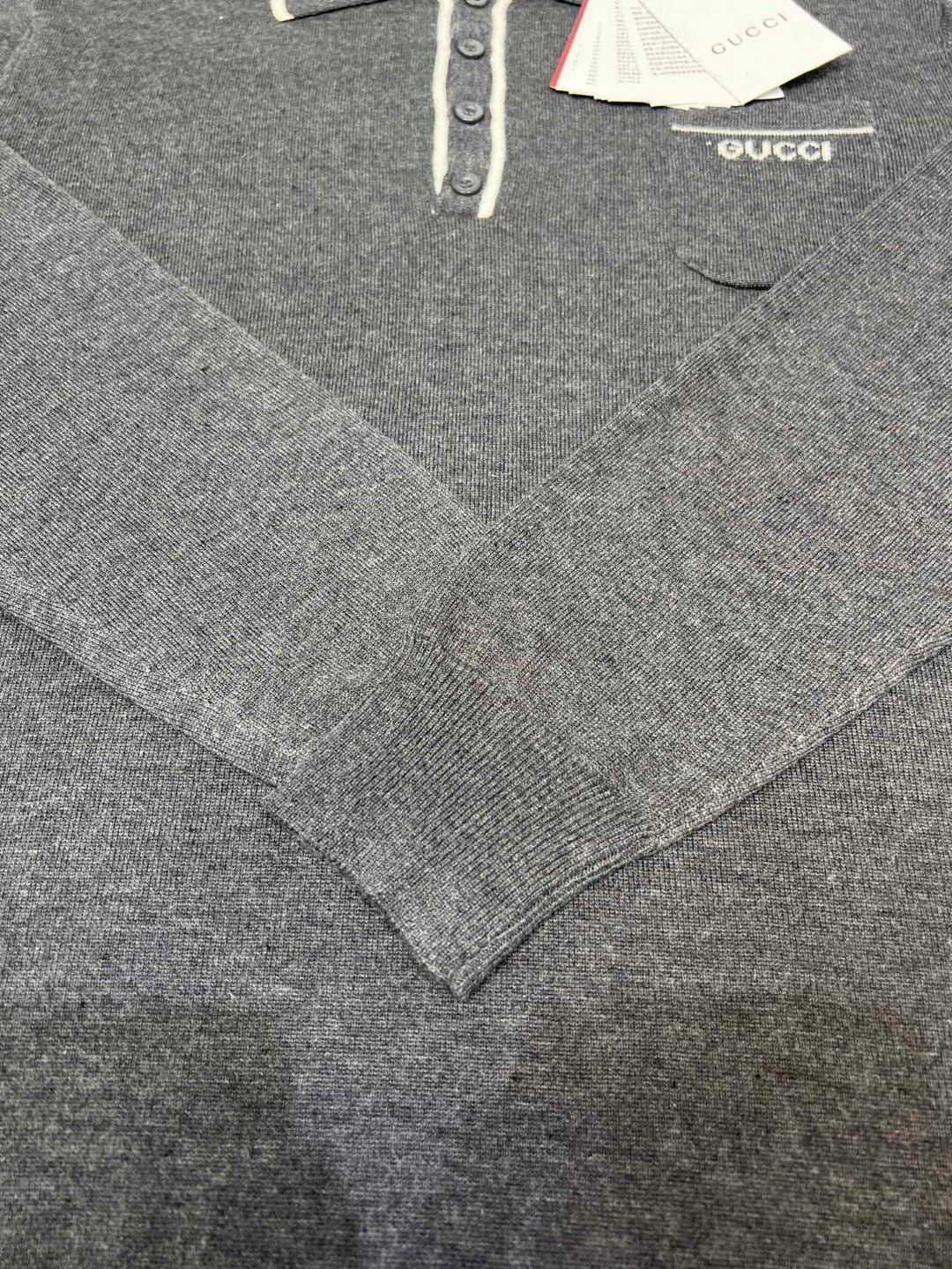 GUCCI Wool knit long sleeve polo shirt, grey（802173-XKEBR-1087）