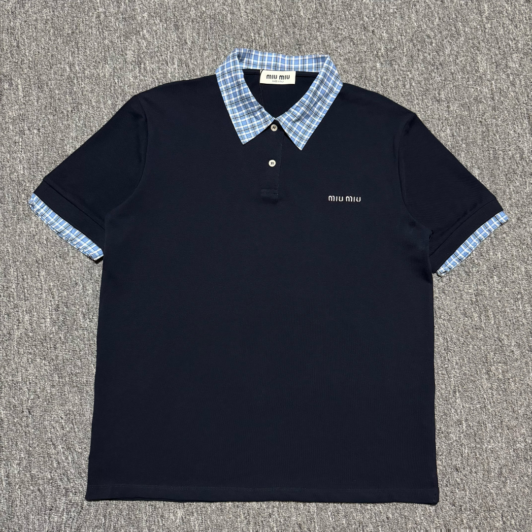 Miu Miu layered-effect Polo Shirt | Blue（MJN555-SOO-O15WD）