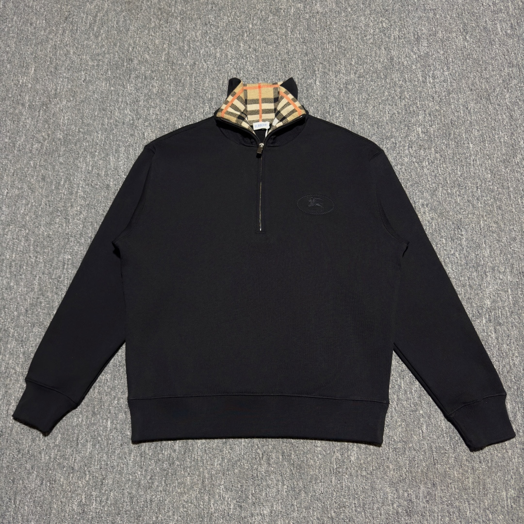 Burberry check collar cotton half-zip sweatshirt (black)（80978221)