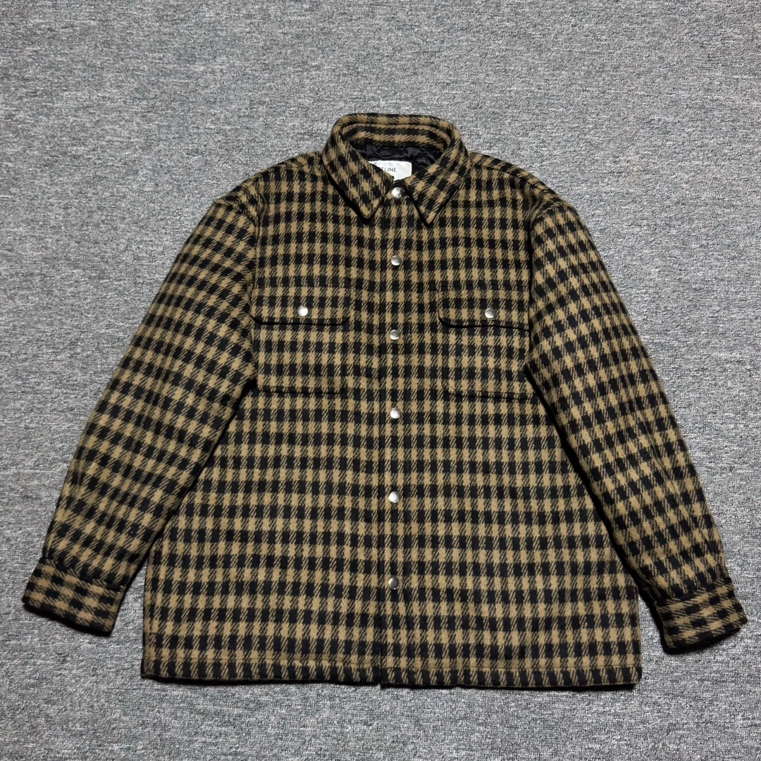 Celine check wool cardigan shirt - camel/black (2W30D338Z-03CI）