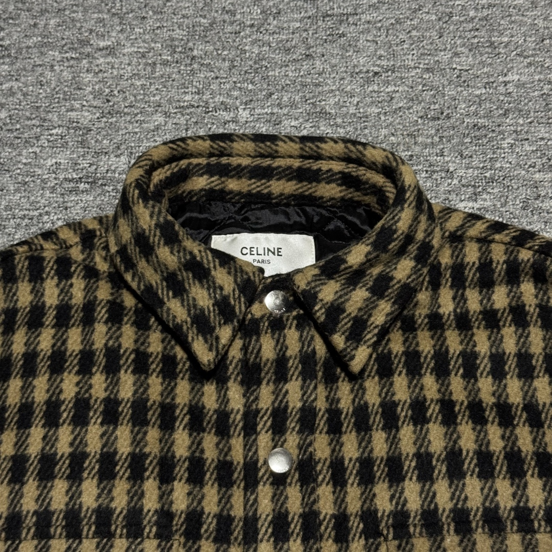 Celine check wool cardigan shirt - camel/black (2W30D338Z-03CI）