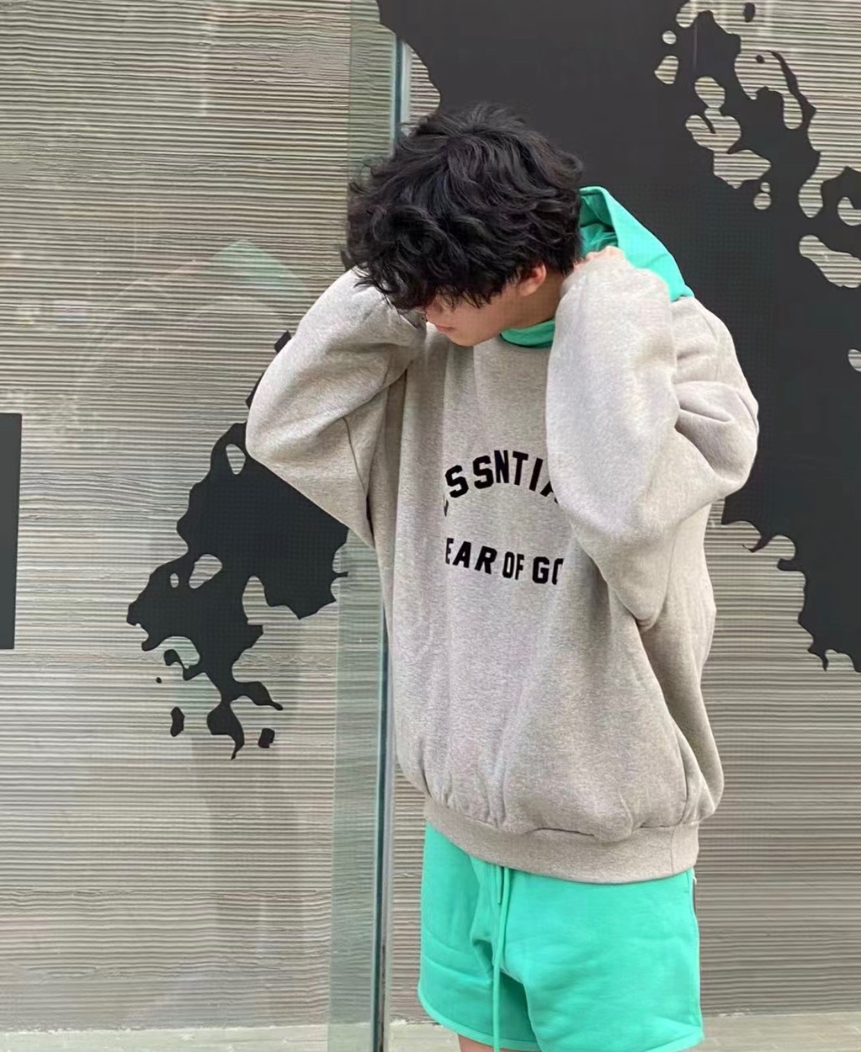 ESSENTIALS Nylon Fleece Hoodie/Dark Heather (202SP244313F）