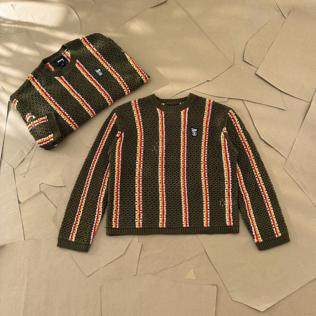 Stussy x Patta Stripe Loose Gauge Crewneck Sweater "Olive"（317012）