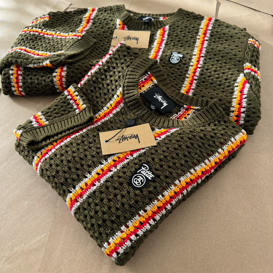 Stussy x Patta Stripe Loose Gauge Crewneck Sweater "Olive"（317012）