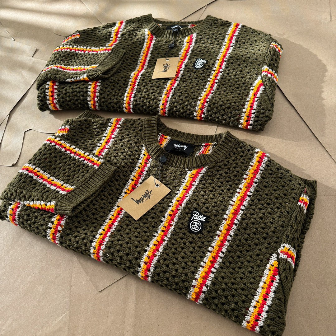 Stussy x Patta Stripe Loose Gauge Crewneck Sweater "Olive"（317012）