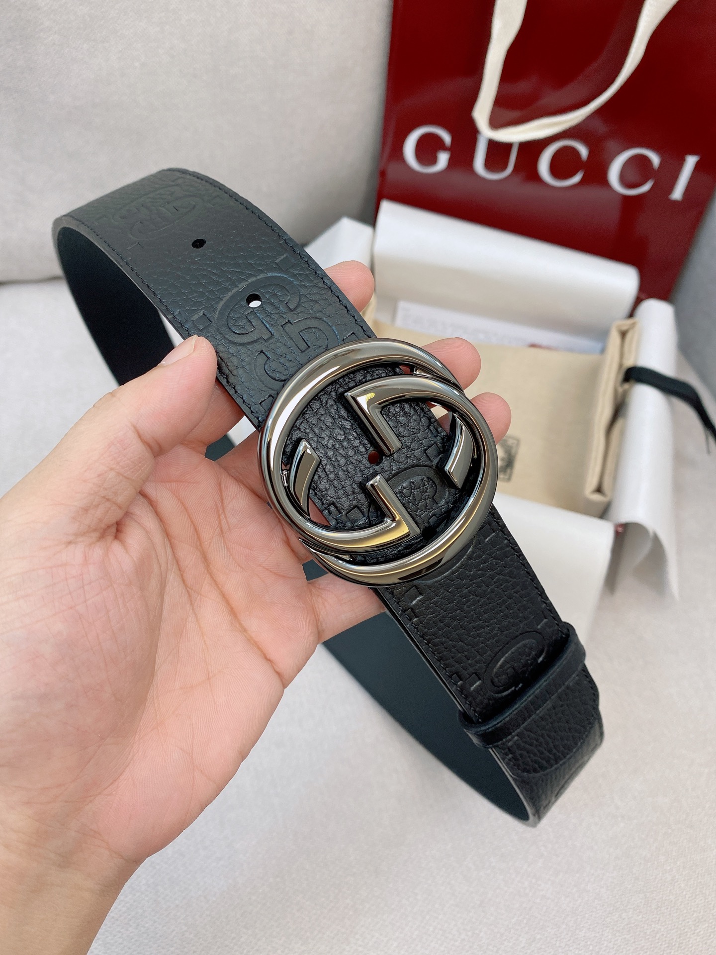 Gucci wide belt with Interlocking G buckle-4cm （794196AABZA1000）