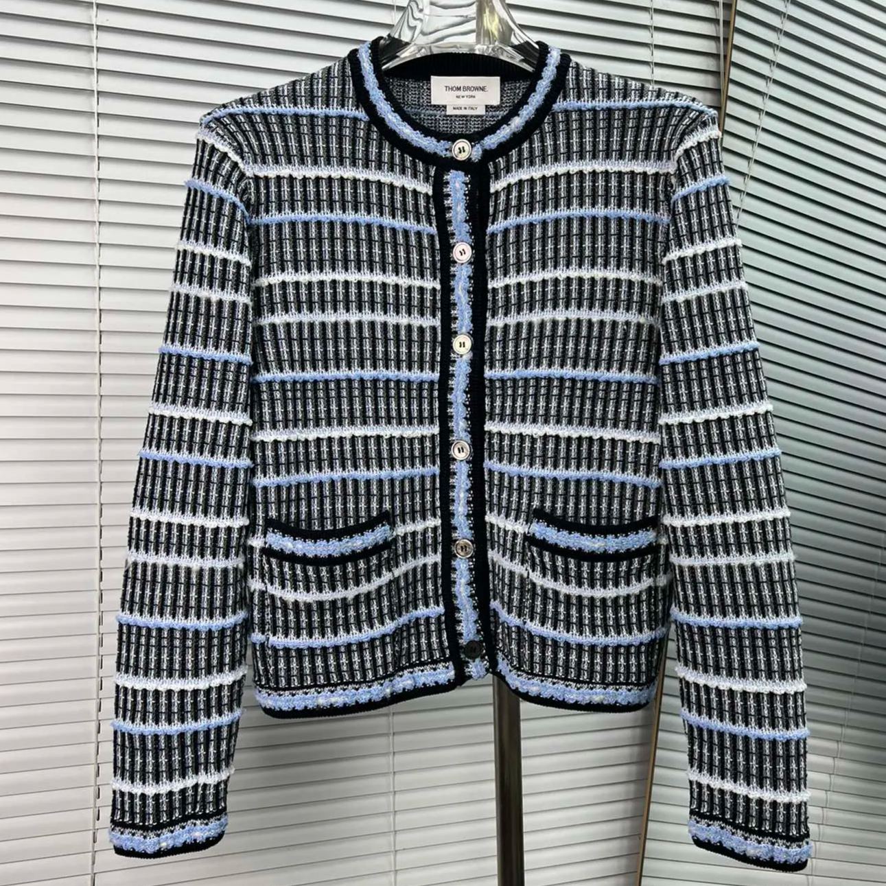 THOM BROWNE Cotton Linen Tweed Jacquard Cardigan (FKC582A-Y9032-415）
