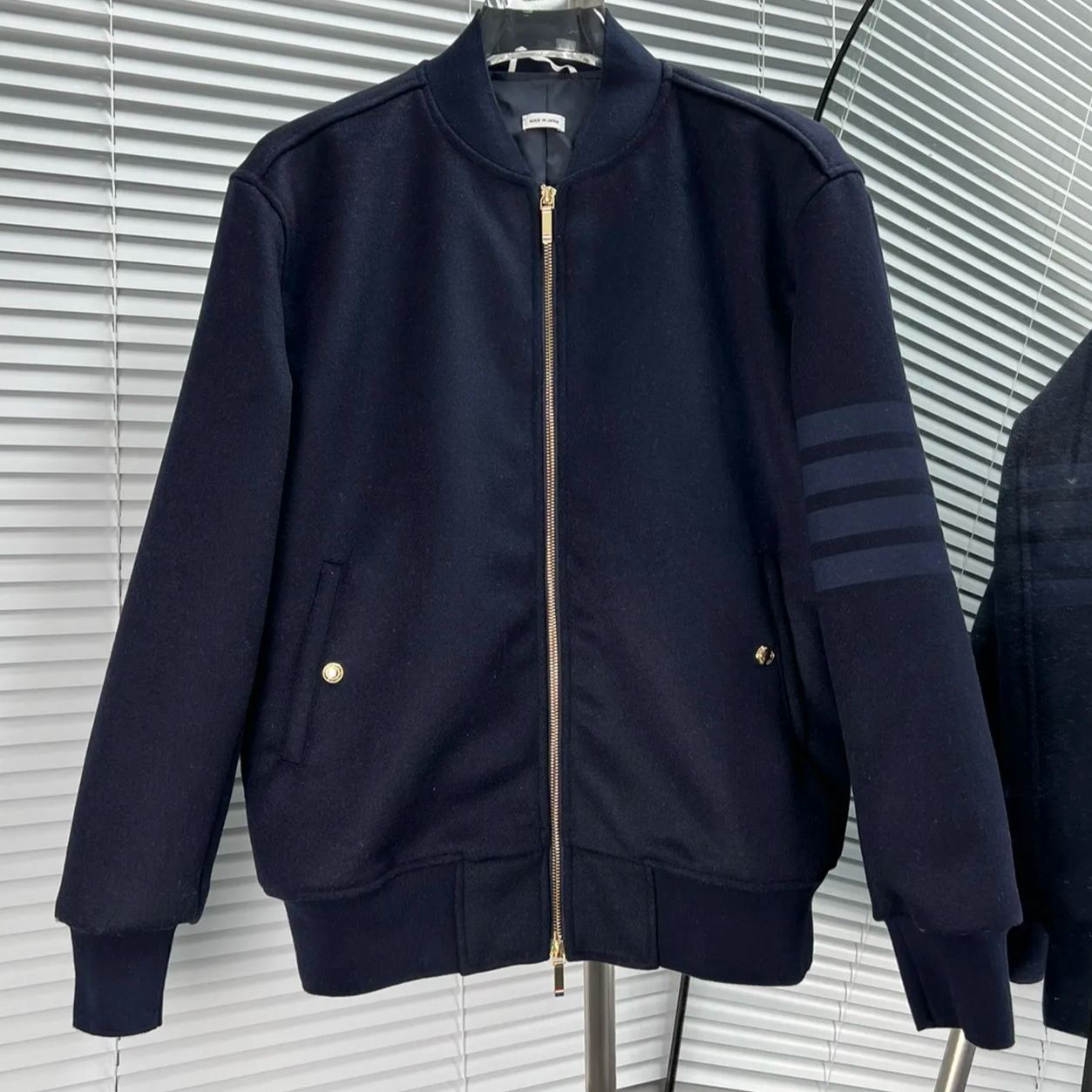 THOM BROW Navy Wool Cashmere Flannel Blouson Tonal 4-Bar Jacket  (MJO030A-06393-415）