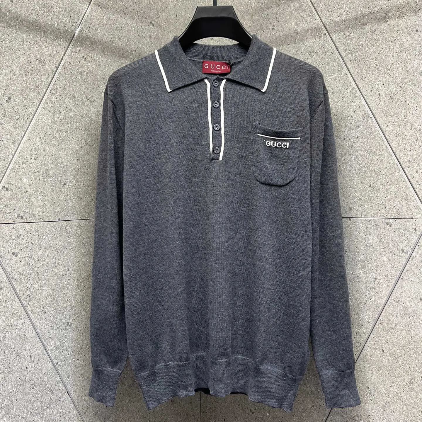 GUCCI Wool knit long sleeve polo shirt, grey（802173-XKEBR-1087）