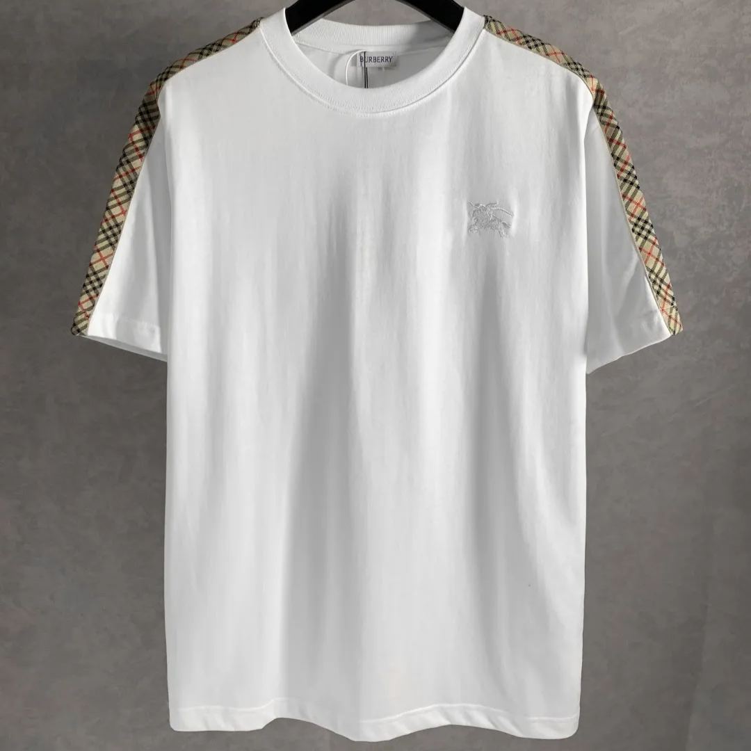 Burberry Check Trim Cotton T-shirt in Chalk（81062461）