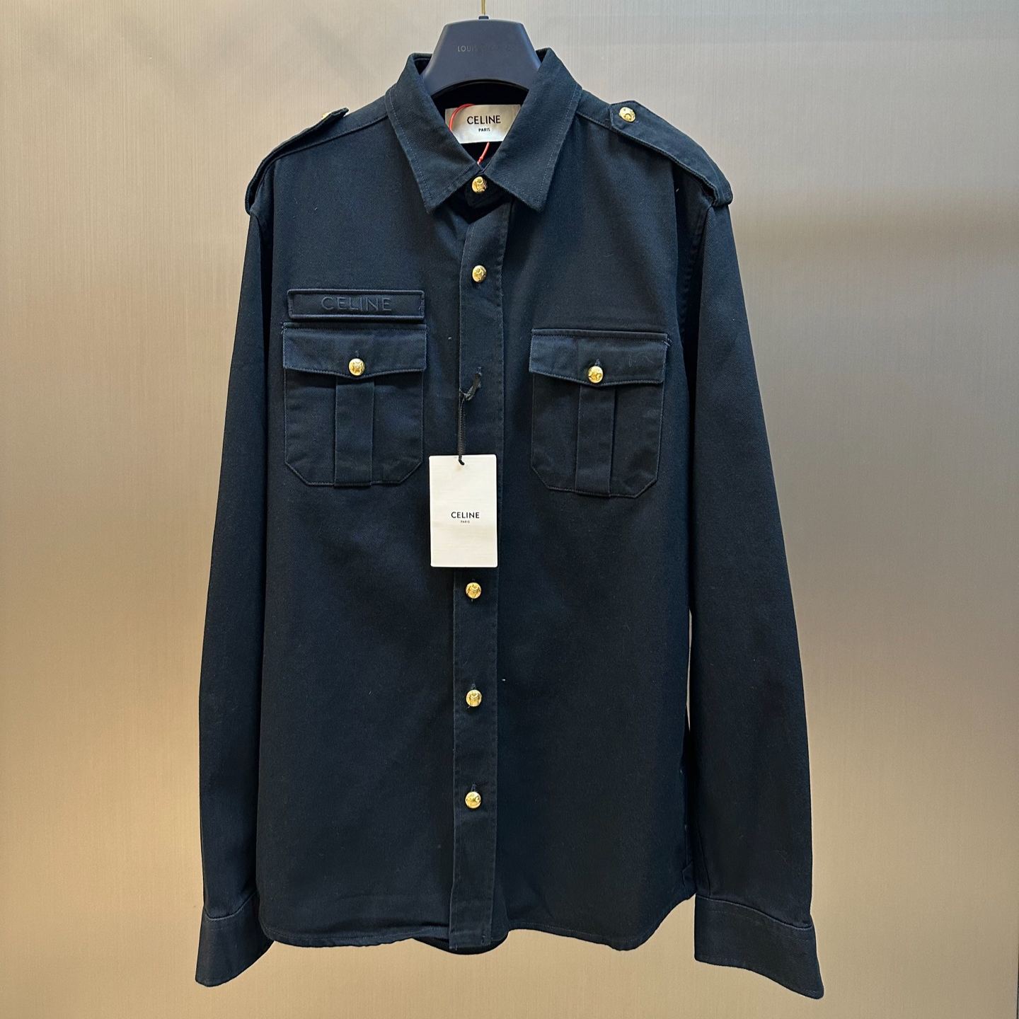 CELINE Men's Military Shirt in Cotton Wool Twill "Navy" (RC055364F-07MR）