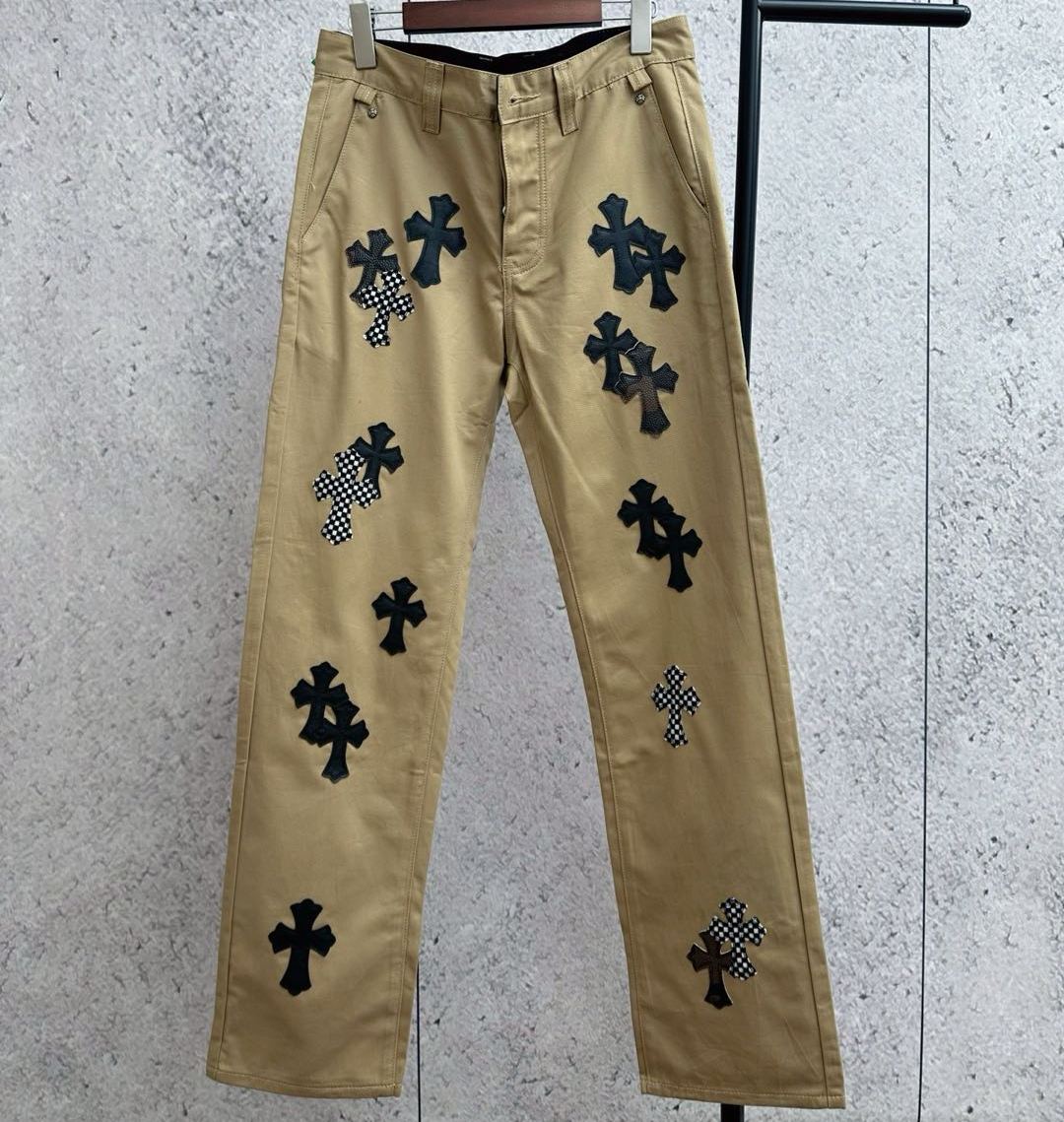 CHROME HEARTS CHINOS CEM CRS PTCH CROSS-PATCH LEATHER-TWILL PANTS (CH-032175088）