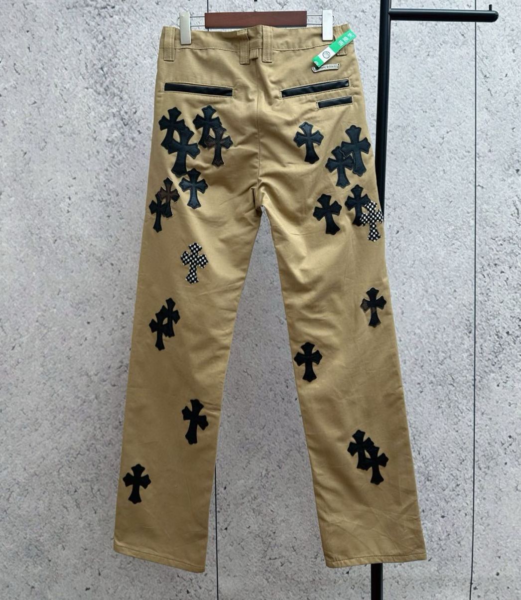 CHROME HEARTS CHINOS CEM CRS PTCH CROSS-PATCH LEATHER-TWILL PANTS (CH-032175088）
