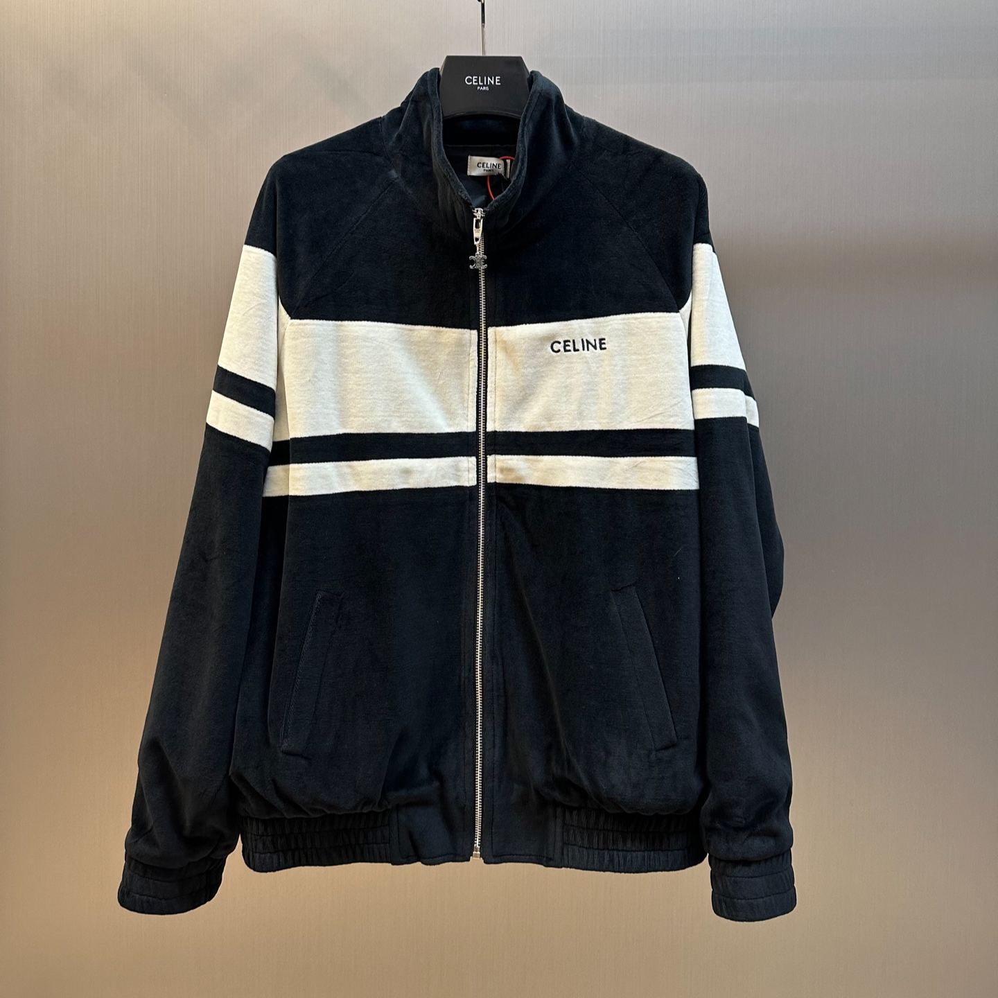 CELINE Men's Tracksuit Jacket in Velvet Jersey "Black/White"(RV0GB748Q-38AW）