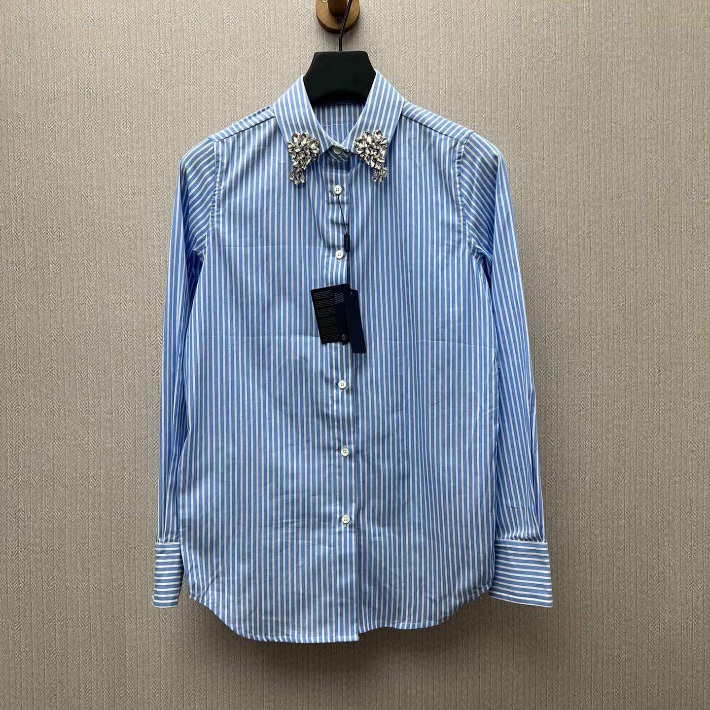 PRADA Sapphire Blue Embroidered Stripe Poplin Shirt（P471HR-155U-F0013）