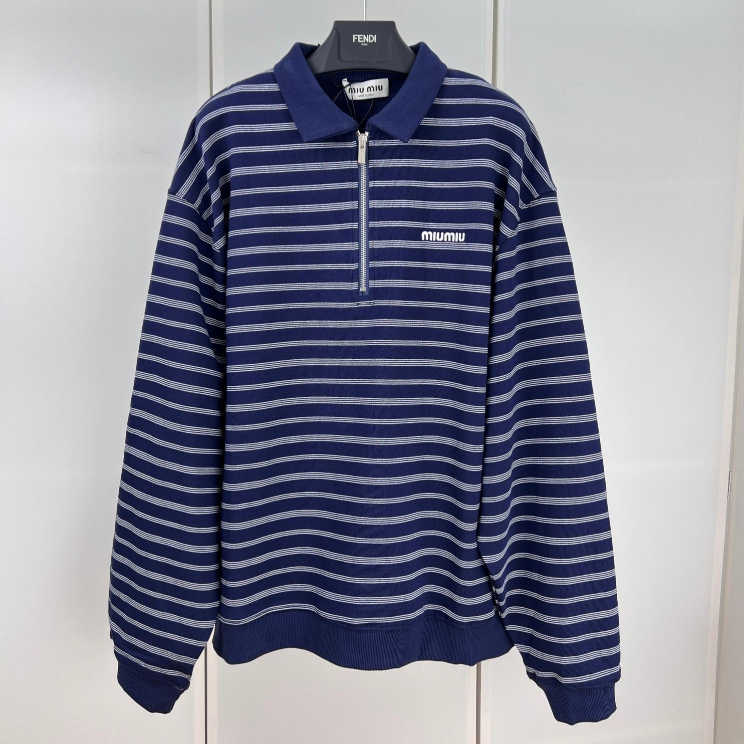 MIUMIU Blue/white Striped Zipper Polo Shirt（MJL773-174V-F022X-S-OOO）