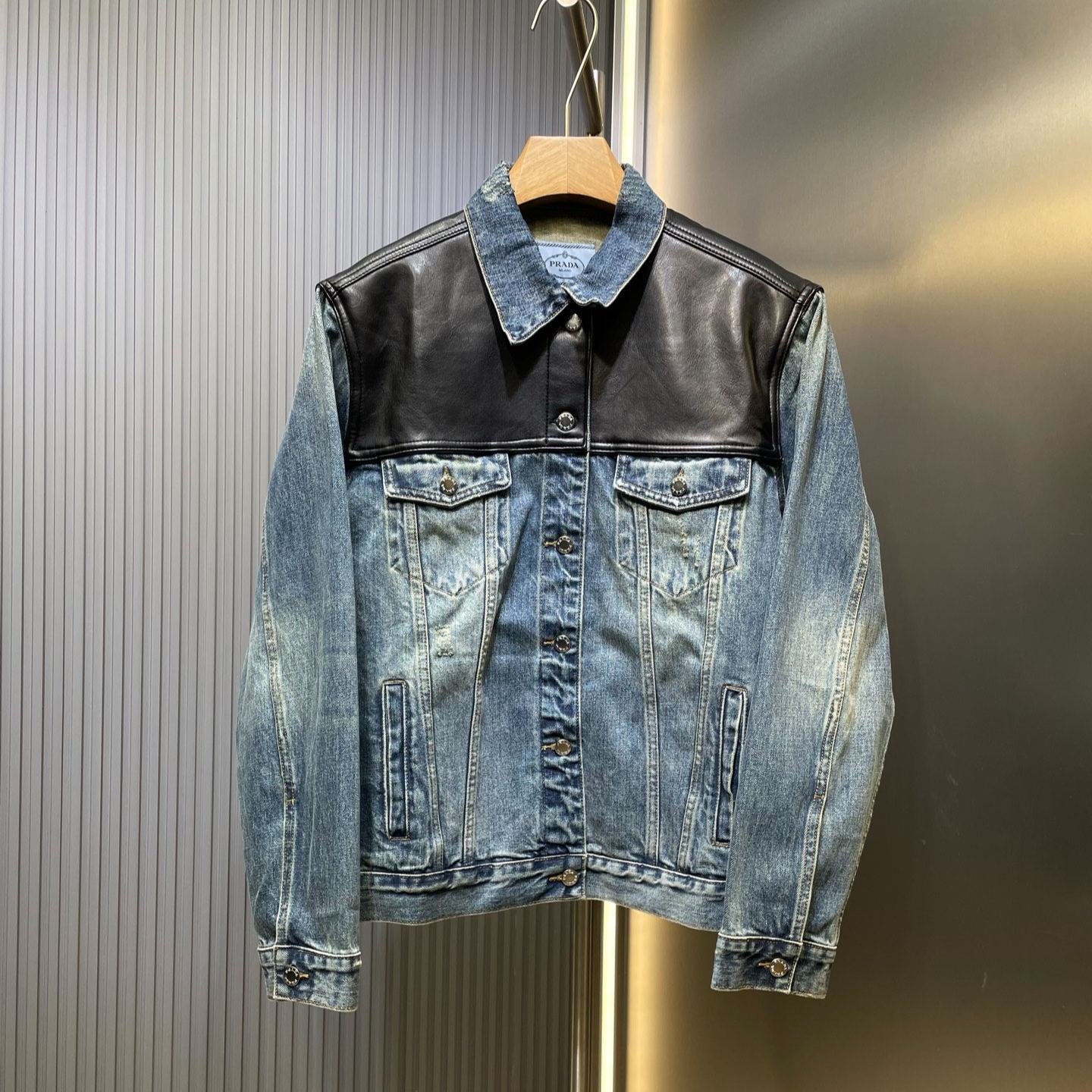 PRADA denim leather jacket (GEB257-1638-F0008-S-AA1）