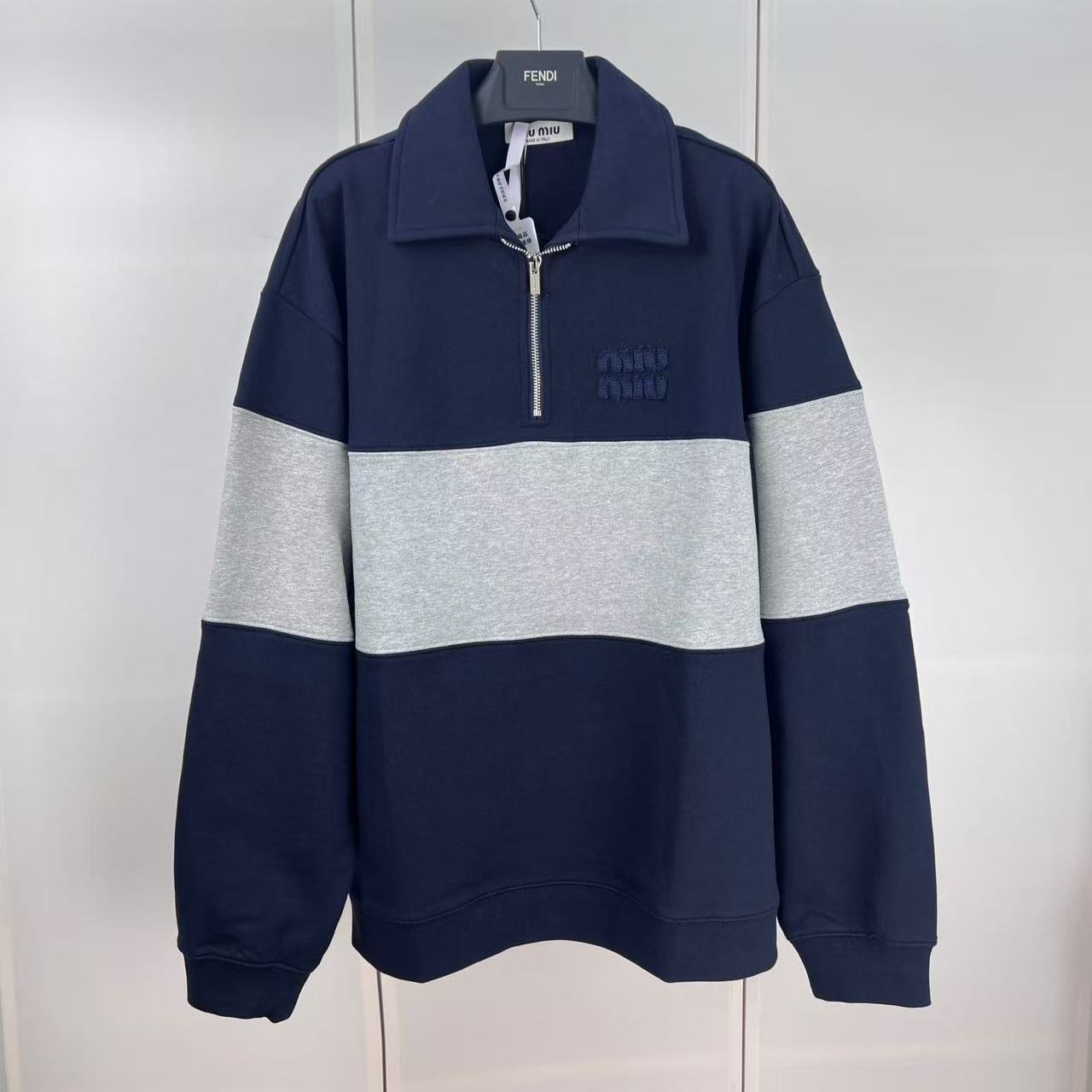 MIU MIU colorblock micro logo half-zip sweatshirt long sleeve blue-gray（MJL090-17H4-F005R-S-OOO）