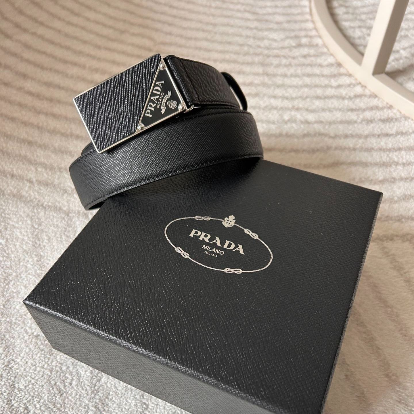 PRADA Saffiano Leather Belt In Black-3.5cm（2CM206-053-F0002）