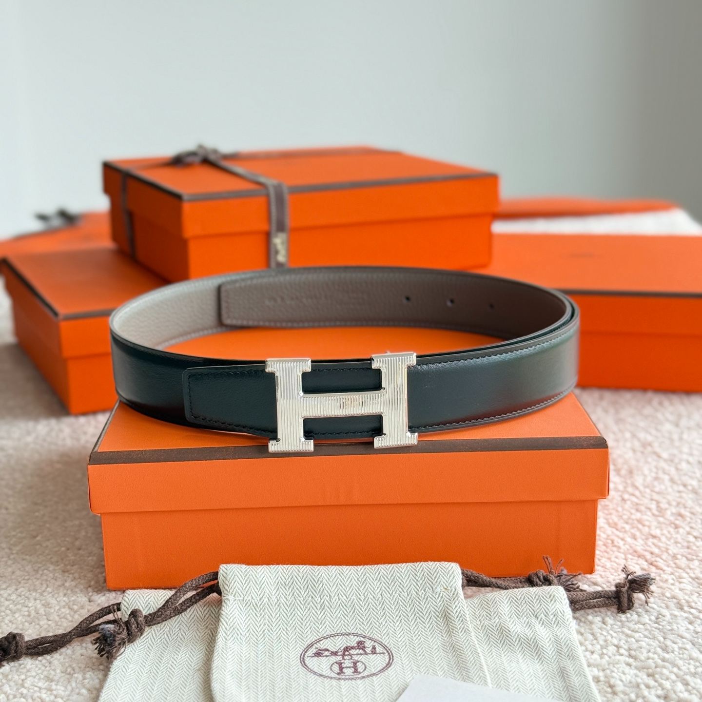 Hermes H Guillochee Belt Buckle and Reversible Leather-3.2cm（H064540CC06-H073967CAAA）