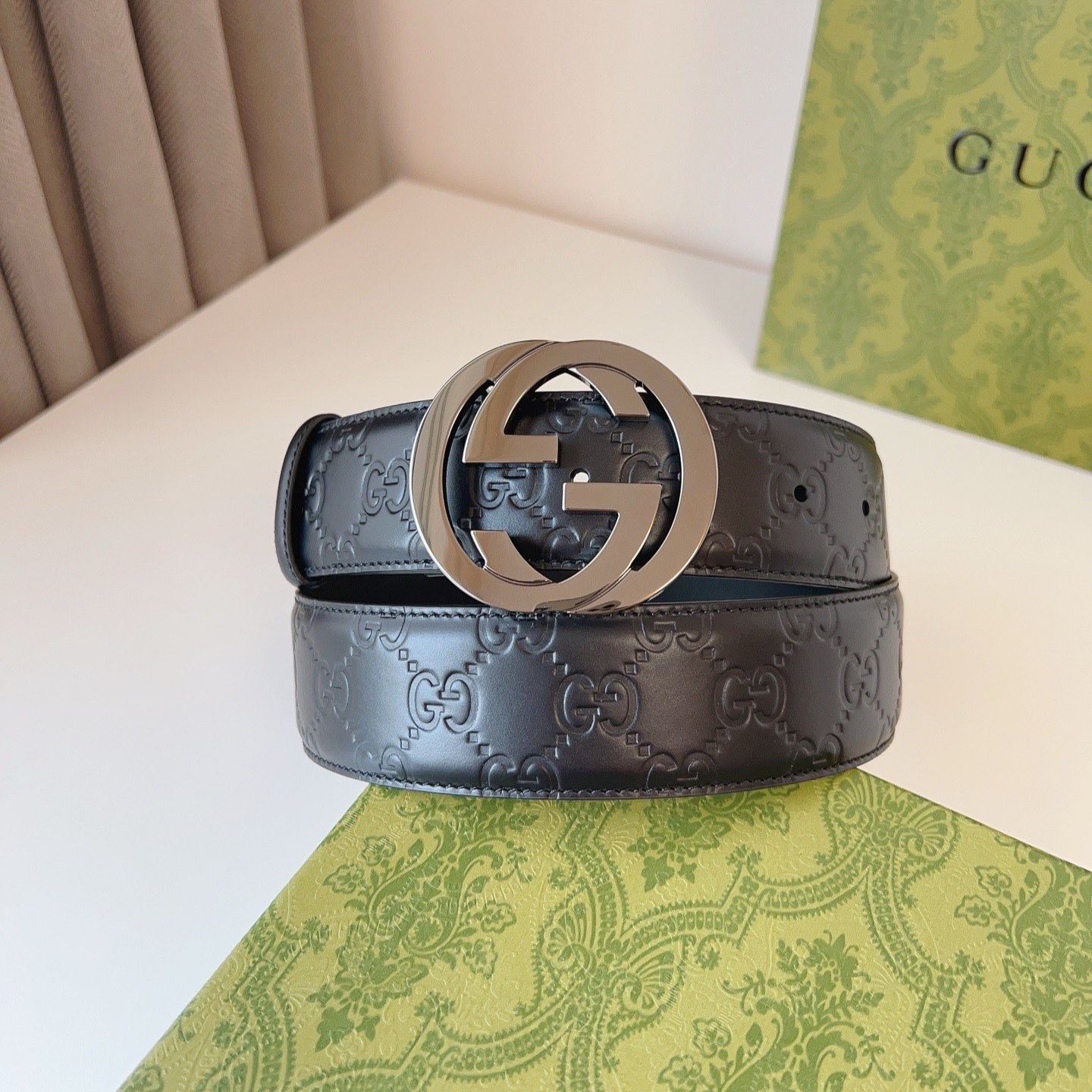 Gucci Leather Signature Belt -3.8cm （370543-CWC1G-1000）