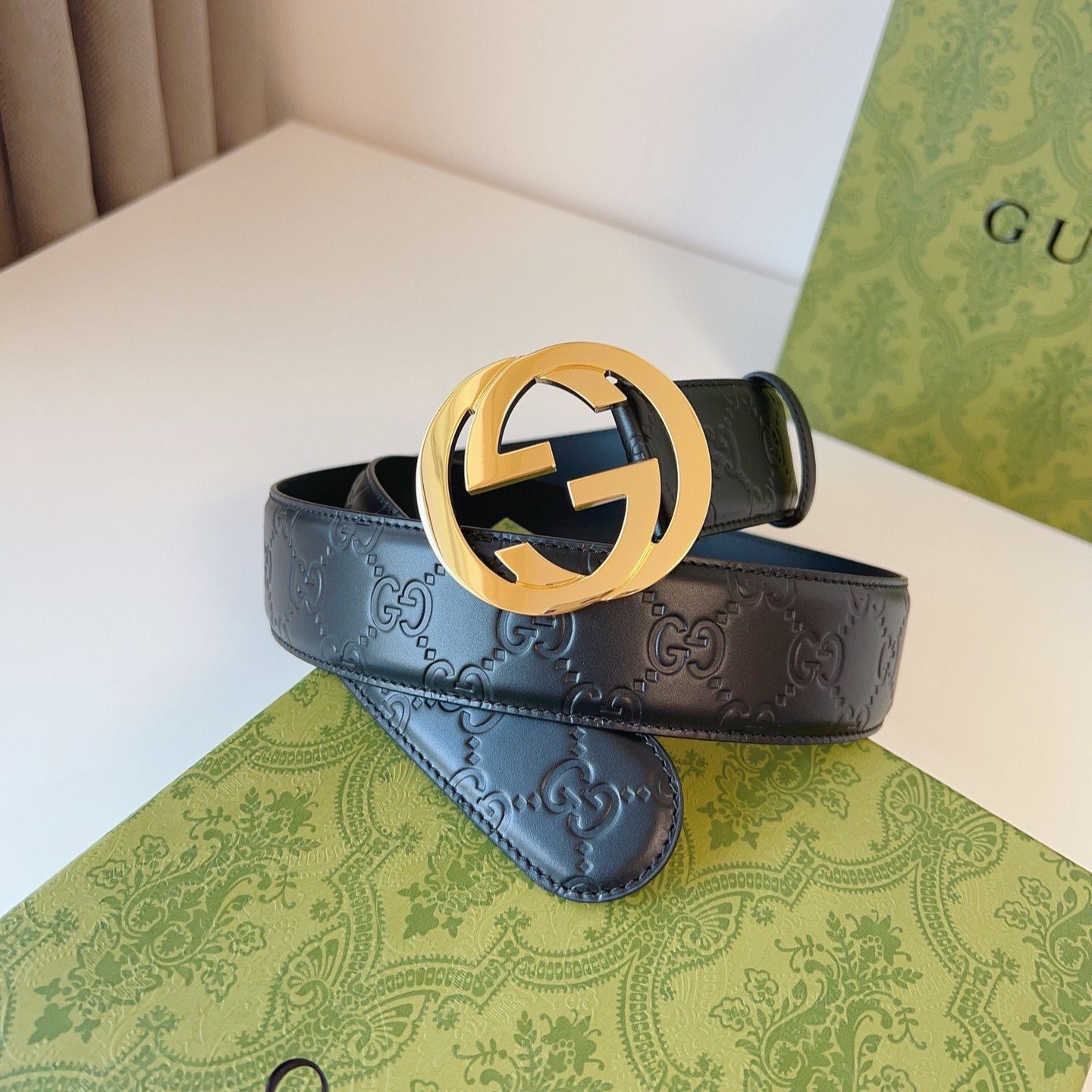 Gucci Leather Signature Belt -3.8cm （370543-CWC1G-1000）