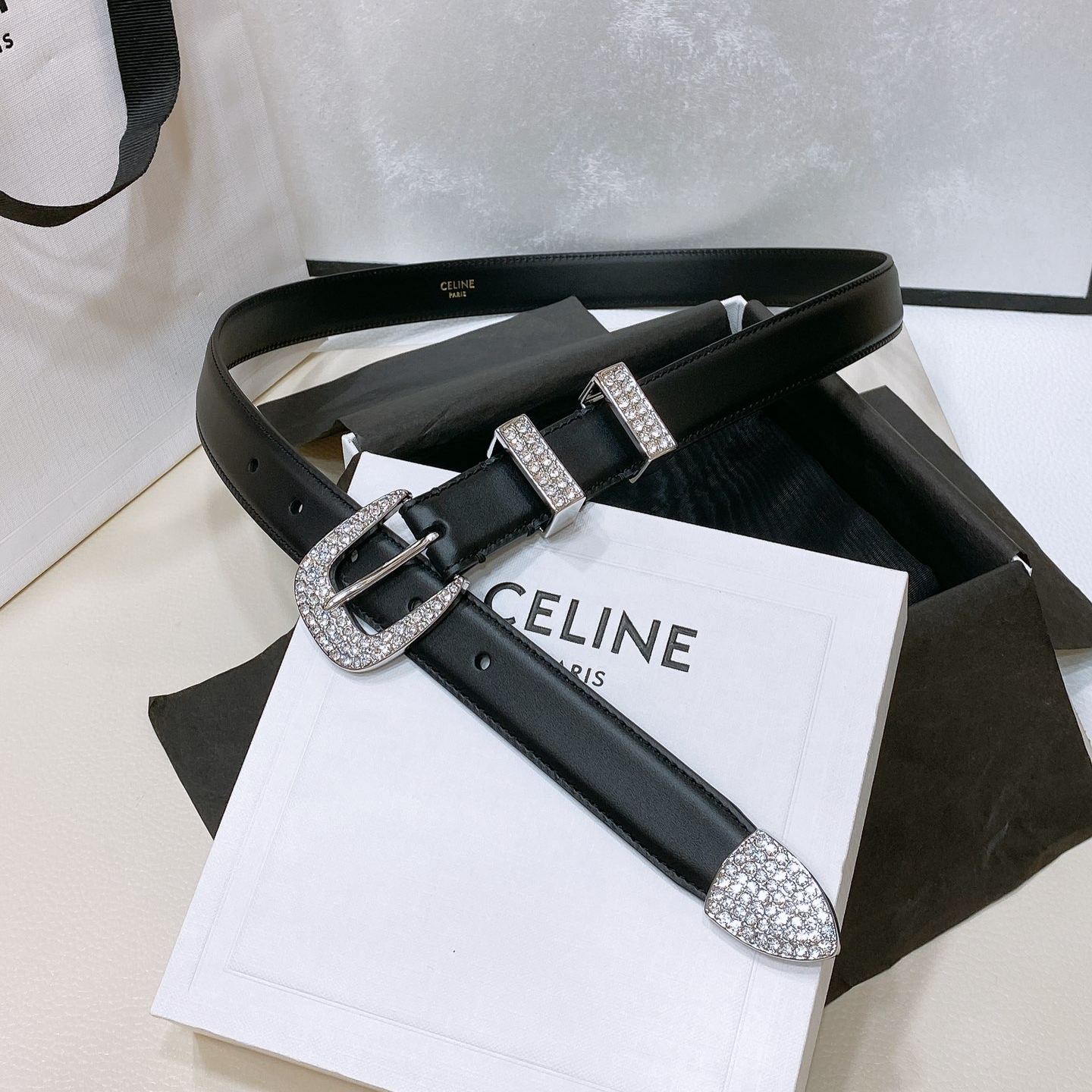 Celine Medium Marco Belt With Strass In Vintage Calfskin-2.5cm（45BFF3AJG38SI）