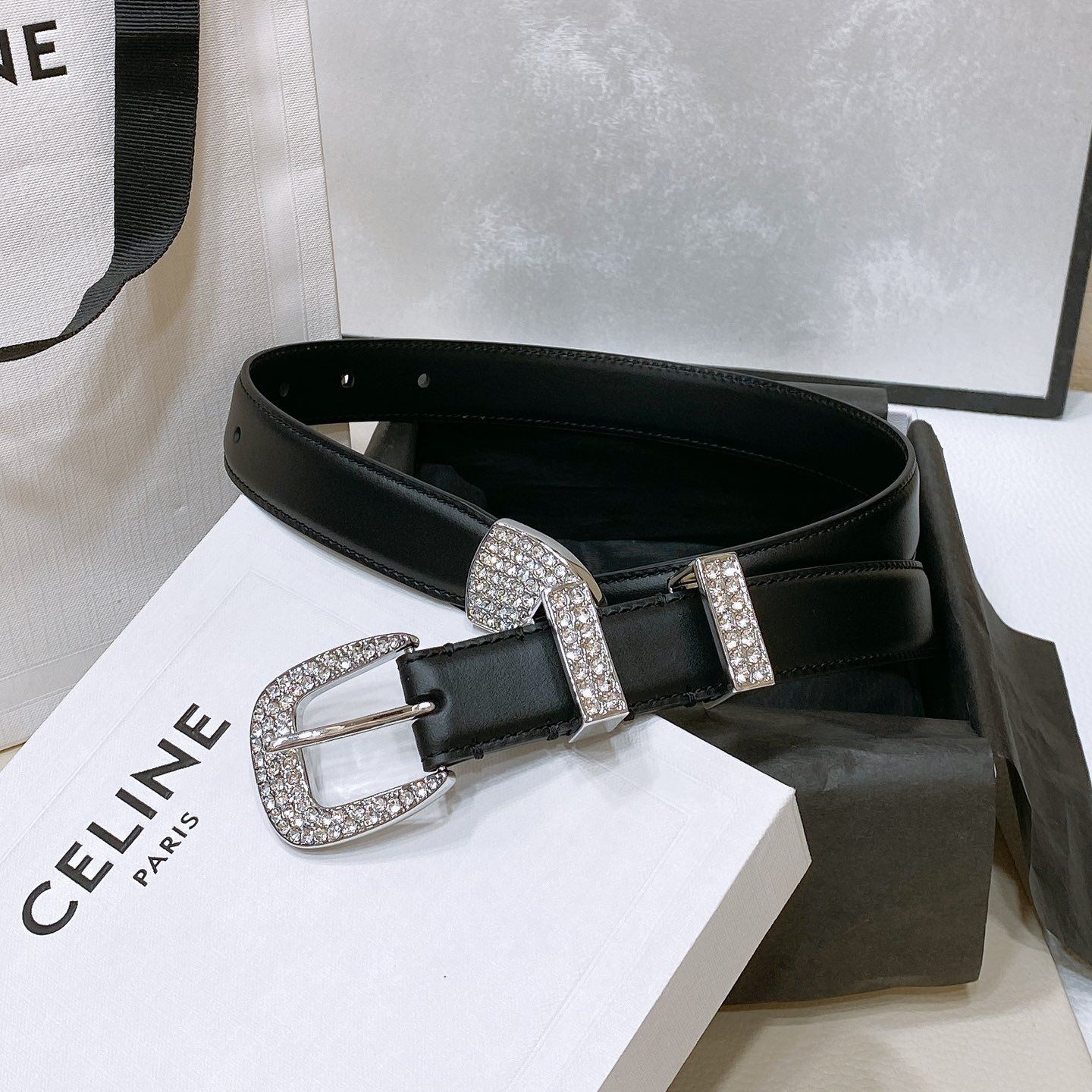Celine Medium Marco Belt With Strass In Vintage Calfskin-2.5cm（45BFF3AJG38SI）