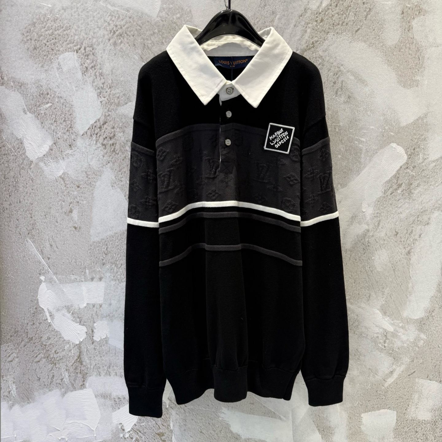 Louis Vuitton Men's Monogram Jacquard Long-Sleeved Polo Shirt "Washed Black" （1AGTM9）