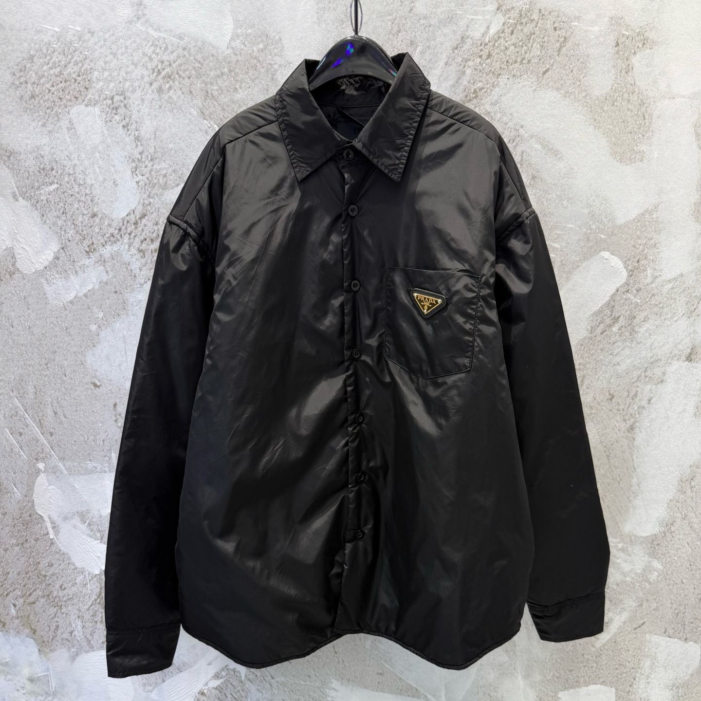 PRADA Logo Black Lightweight Nylon Button Long Sleeve Shirt (SC823M-1WQ9-F0002-S-OOO）