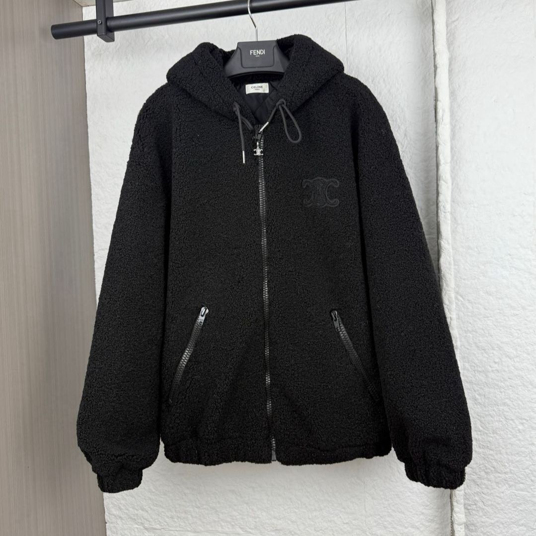 Celine Hooded jacket in wool and cotton fleece (RV0SC0T87-02BL）