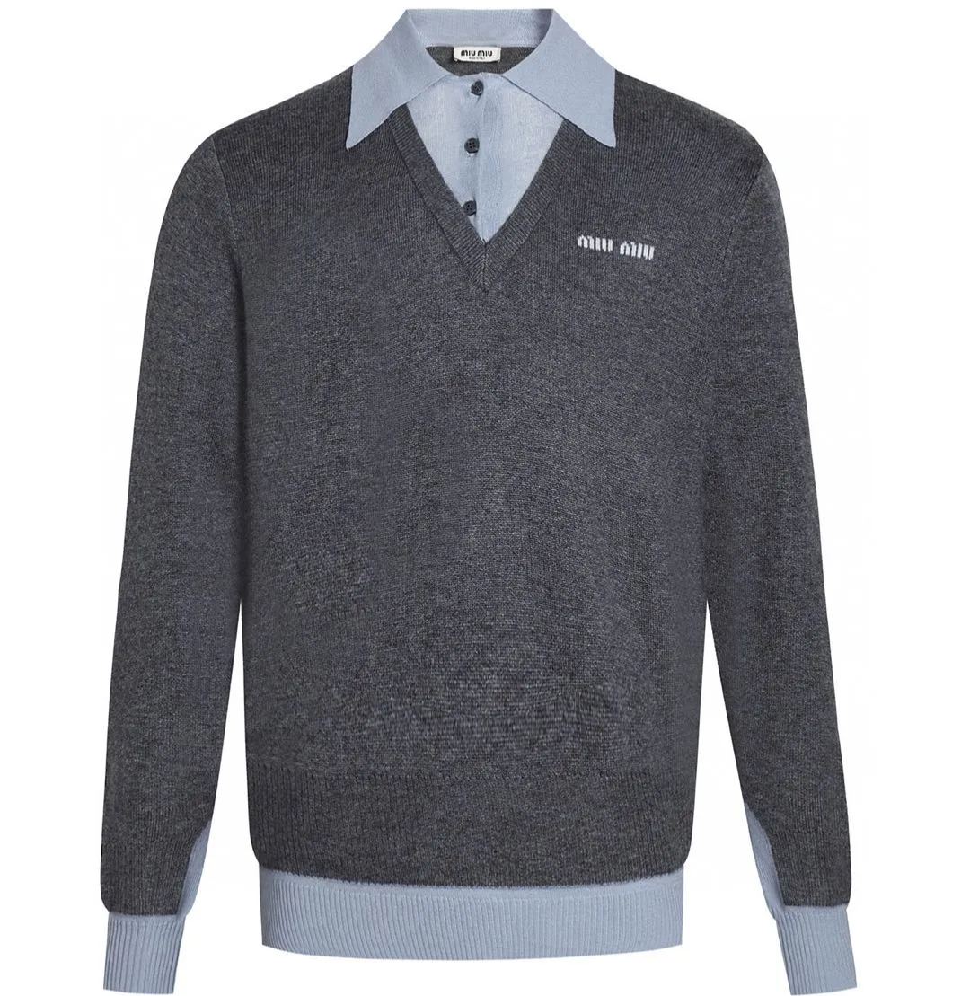 MIU MIU Cashmere and Wool Blend Polo Shirt （MMLA61-16ON-F0JQG-S-OOO）