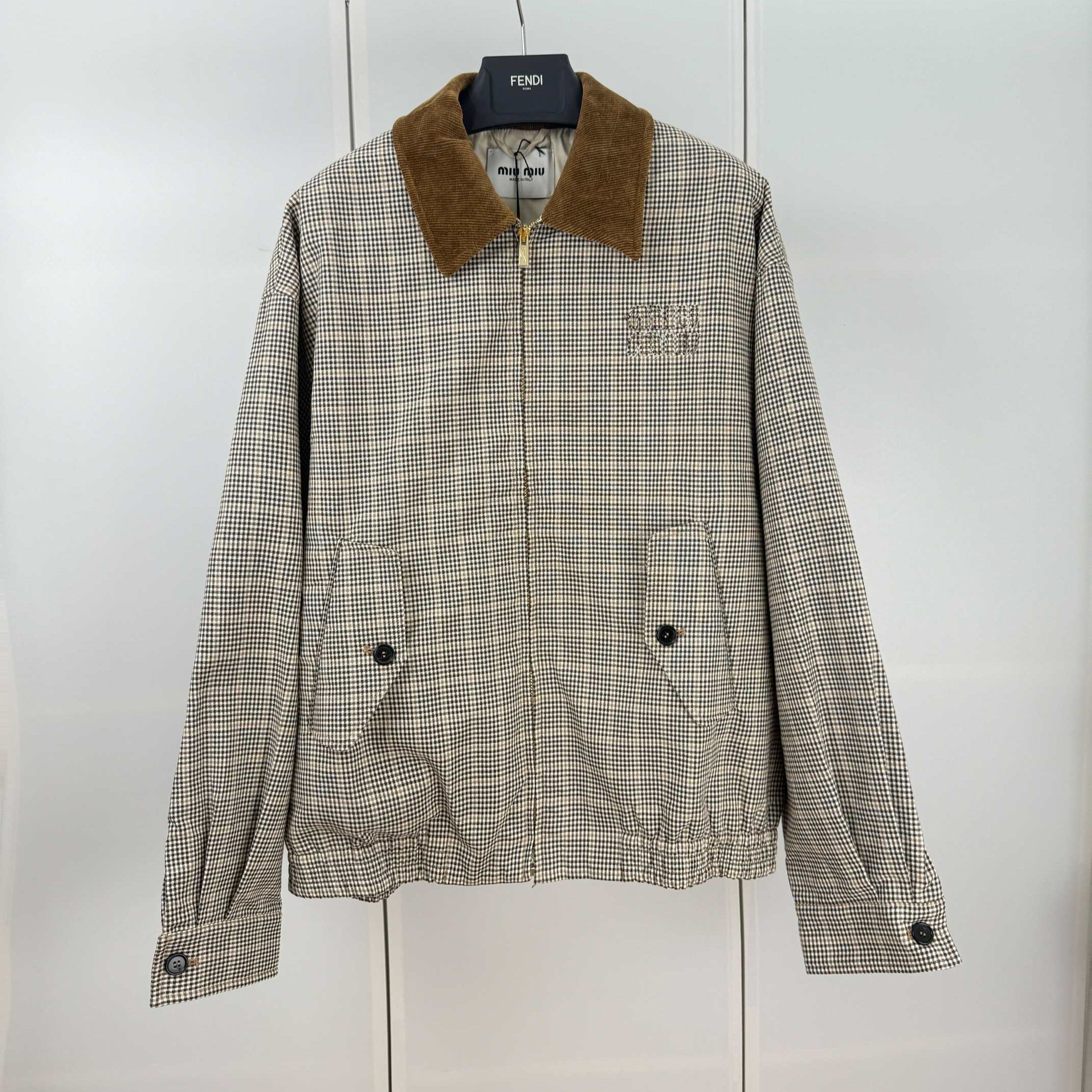 MIU MIU logo plaid lapel zip-up bomber jacket（ML1181-16Q8-F0324-S-OOO）