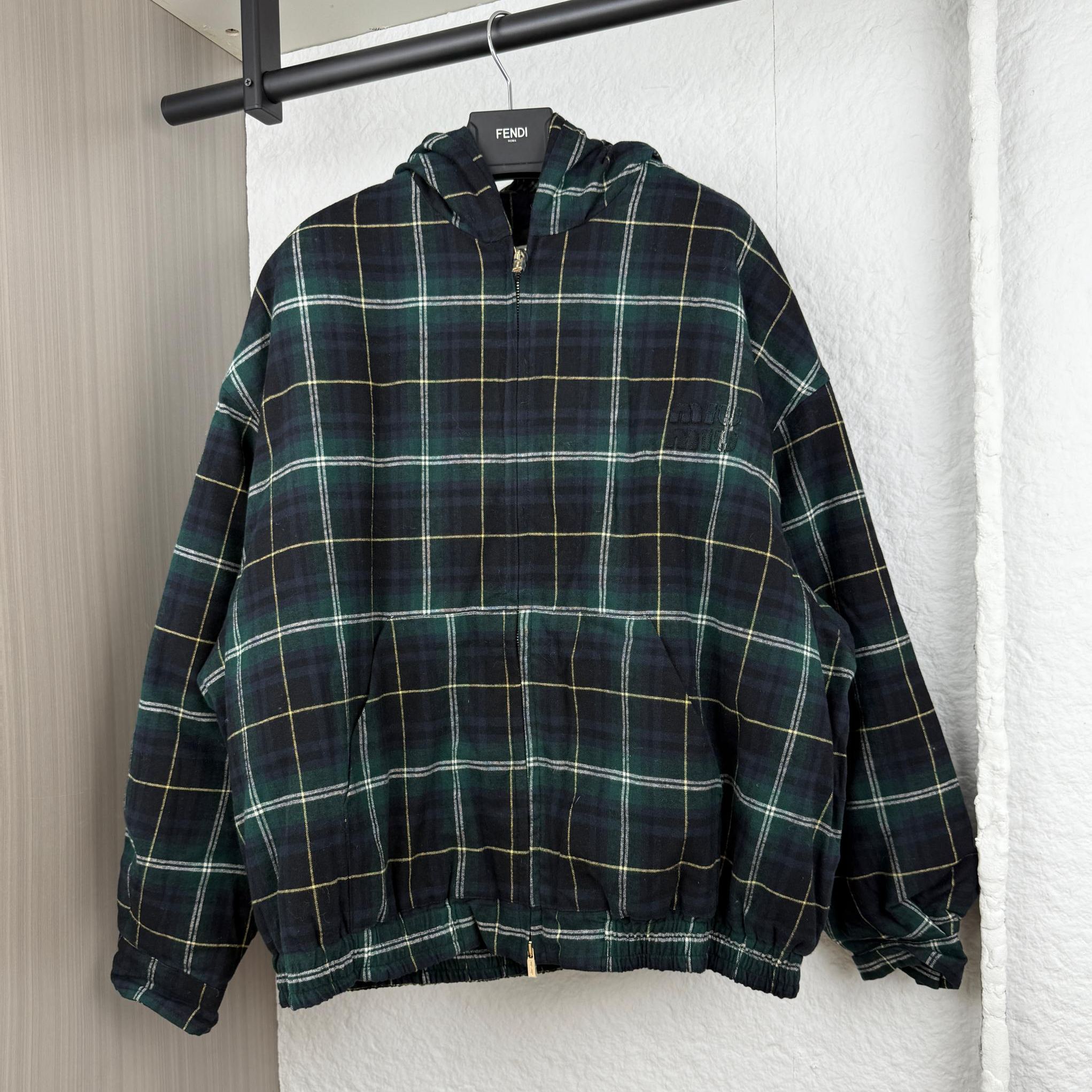 MIU MIU Checkered Logo Patch Zip-Up Hooded Jacket（ML1011-16DN-F0008-S-OOO）