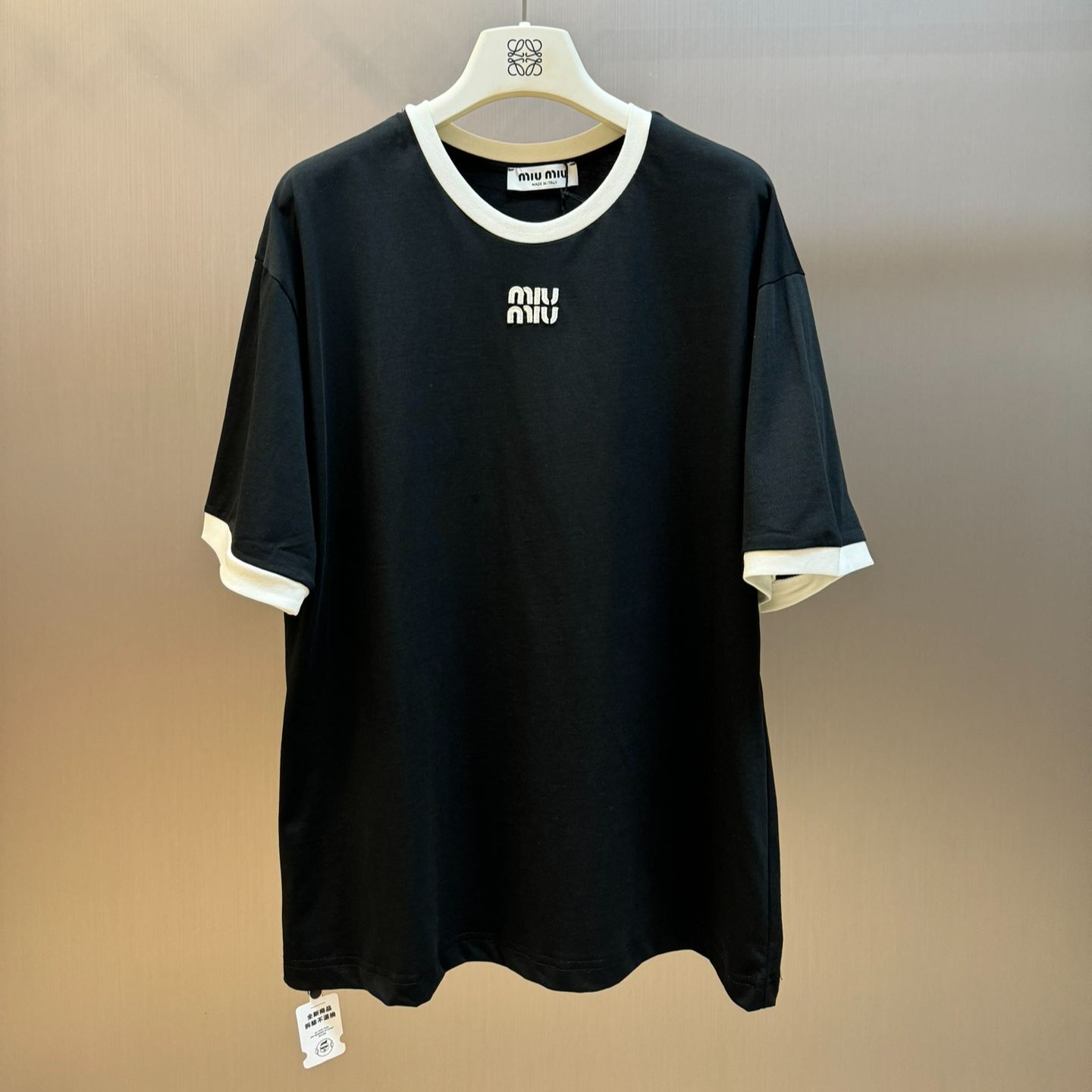 MIUMIU Black Embroidered Logo Plain Knit Cotton T-Shirt（MJN522-14EL-F0002）