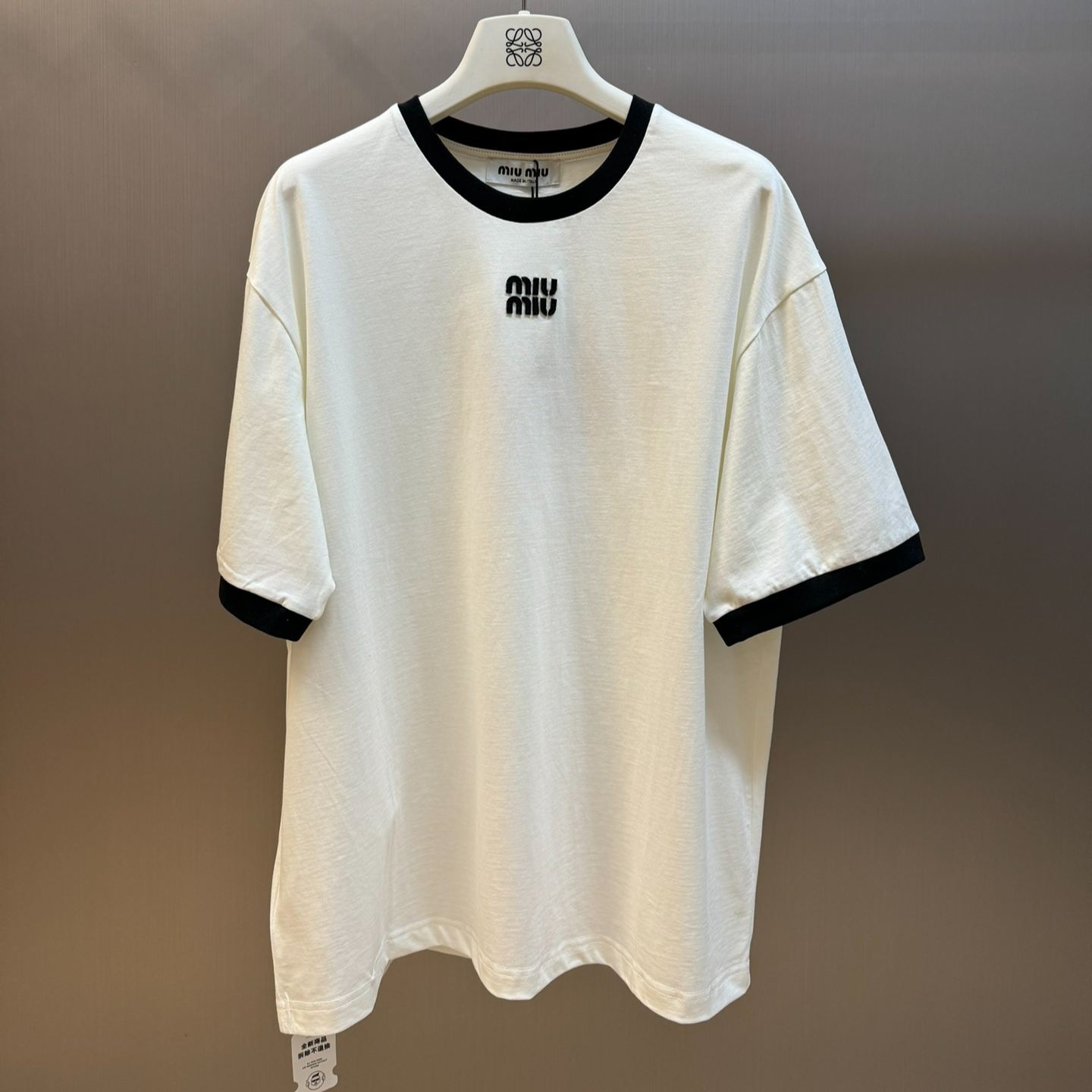 MIUMIU Black Embroidered Logo Plain Knit Cotton T-Shirt（MJN522-14EL-F0002）