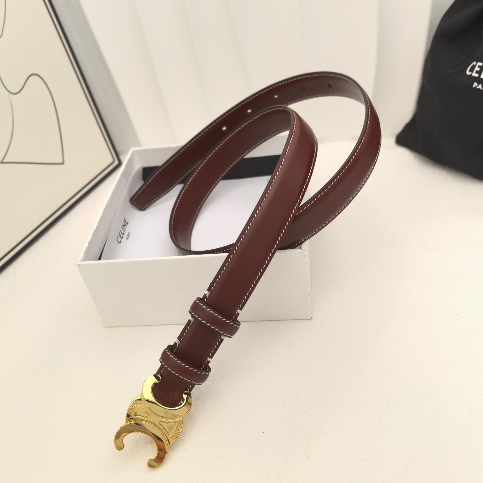 Celine Leather Leather Belts Women's Light Burgundy Width: 2.5cm（45AK93A0128LB）