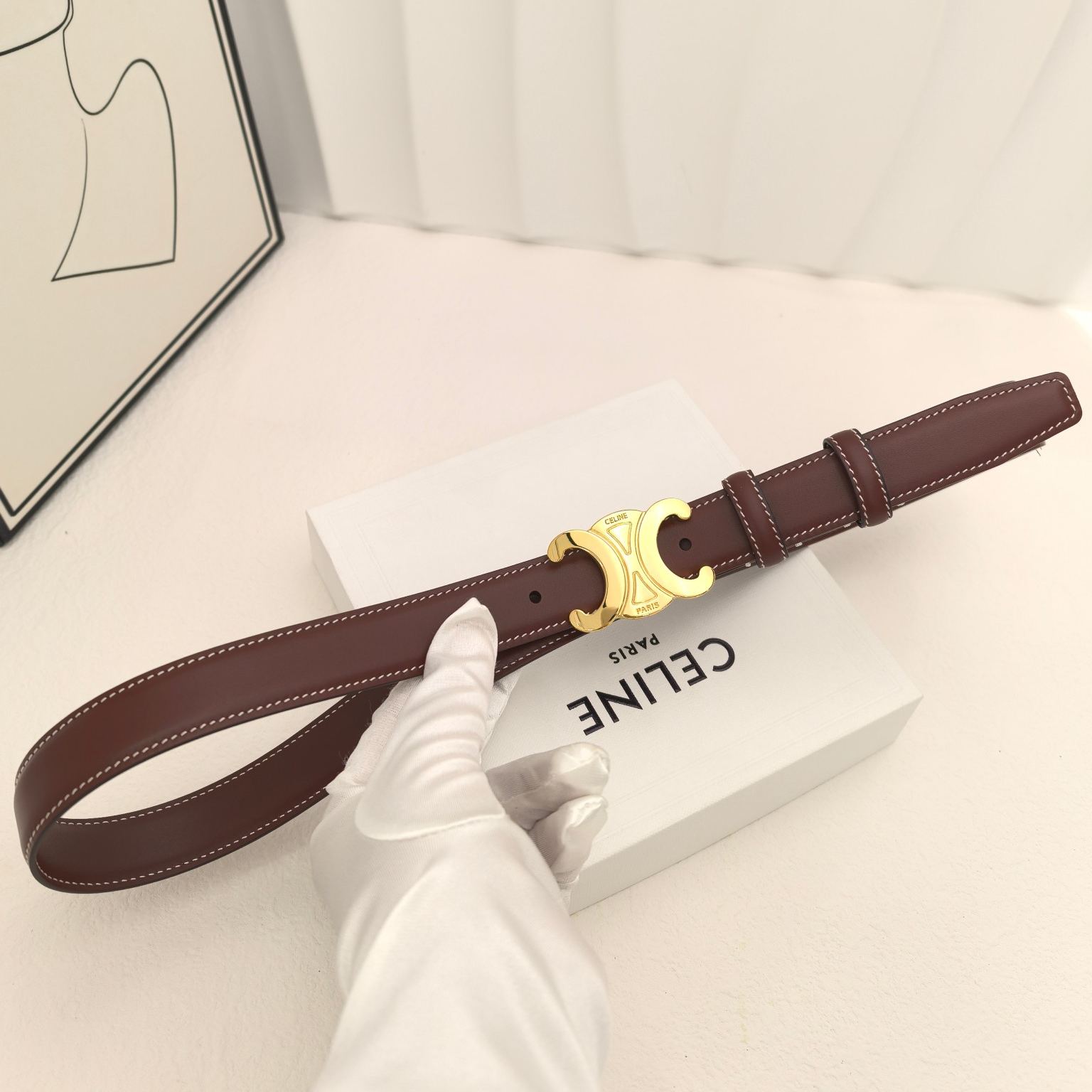 Celine Leather Leather Belts Women's Light Burgundy Width: 2.5cm（45AK93A0128LB）